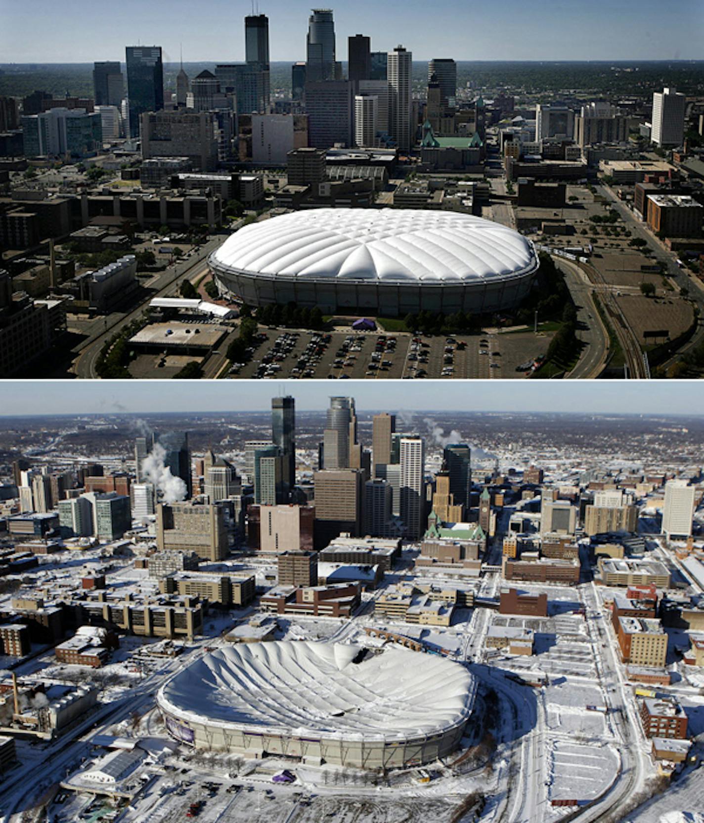 The aerial view of the inflated Metrodome was taken Aug. 22, 2009. The aerial view of the deflated Metrodome was taken Dec. 12, 2010.