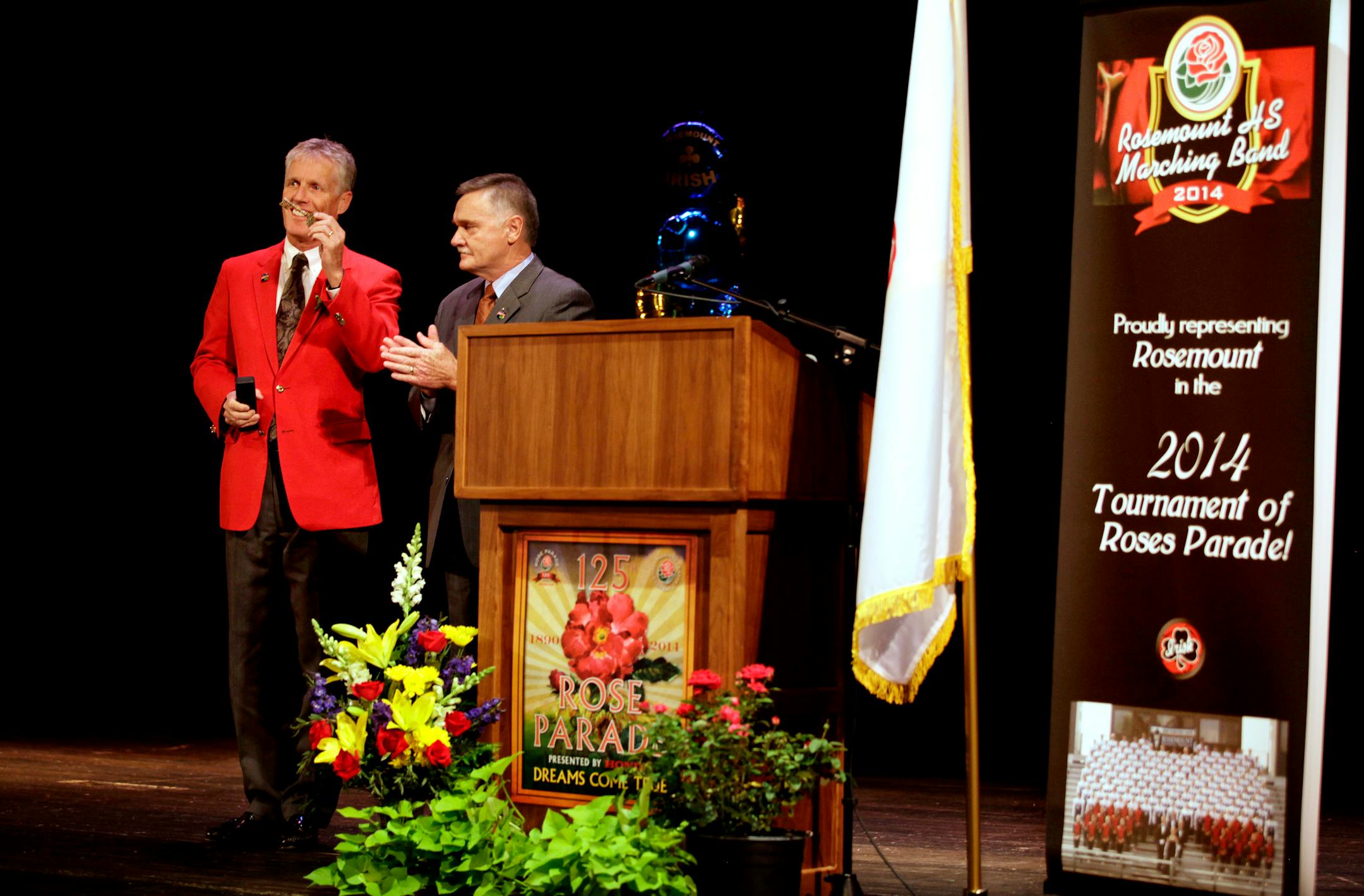 The president of the Tournament of Roses, Scott Jenkins (left) received a key to the City of Rosemount from Mayor Bill Droste on July12, 2013.