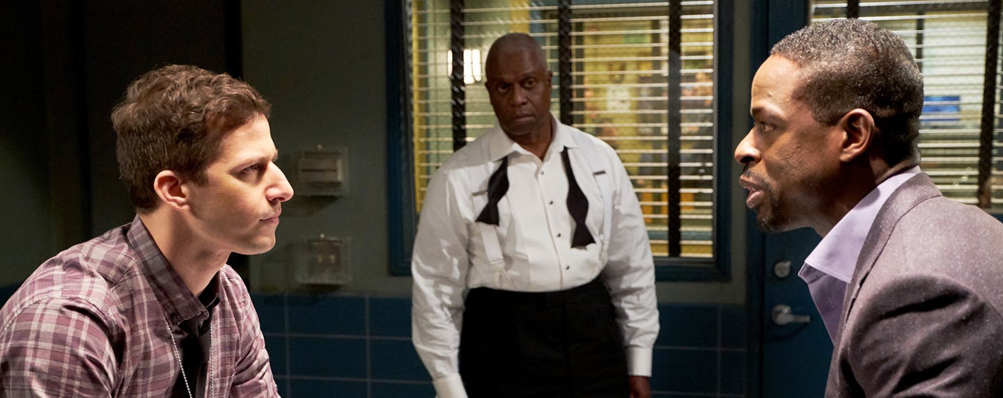 BROOKLYN NINE-NINE: (L-R) Andy Samberg, Andre Braugher and guest star Sterling K. Brown in the "The Box" episode of BROOKLYN NINE-NINE airing Sunday, April 1 (8:30-9:00 PM ET/PT) on FOX. CR: FOX