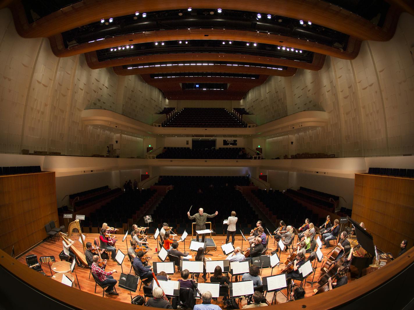 The St. Paul Chamber Orchestra practices in the new concert hall.