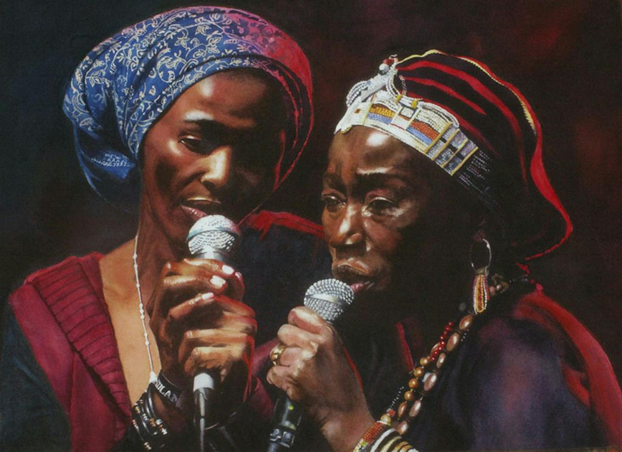 Robin Van Den Barselaar pulls off a difficult watercolor portrait, with bright and dark tones giving shape to two South African singers.