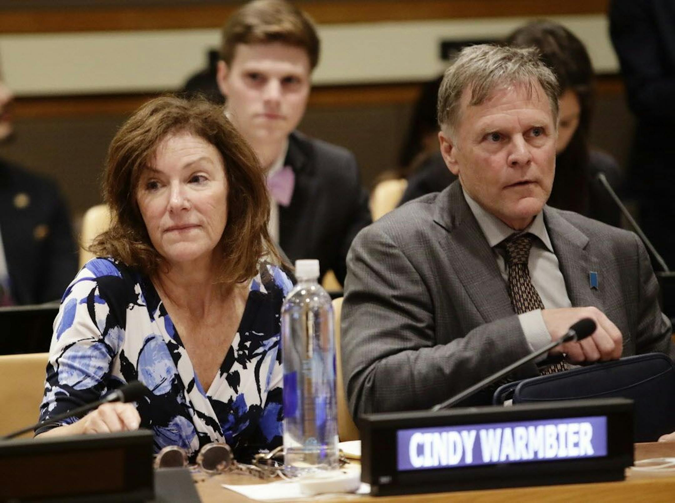 Fred Warmbier, right, and Cindy Warmbier, parents of Otto Warmbier, an American who died last year, days after his release from captivity in North Korea, wait for a meeting Thursday, May 3, 2018, at the United Nations headquarters. Cindy Warmbier said Thursday her family will keep speaking out about the country's human rights violations to "rub their noses" in what they did and embarrass Kim Jong Un's government.