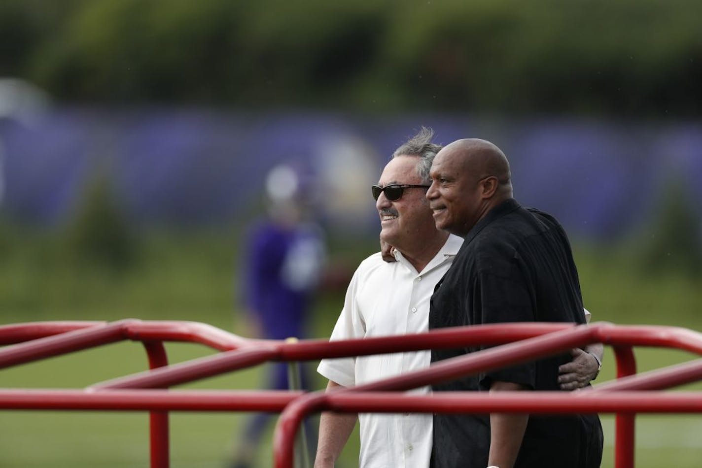 Vikings owner Zygi Wilf left and chief operating office Kevin Warren watched practice during Minnesota Vikings training camp at TCO Performance center Saturday July 28, 2018 in Eagan, MN.