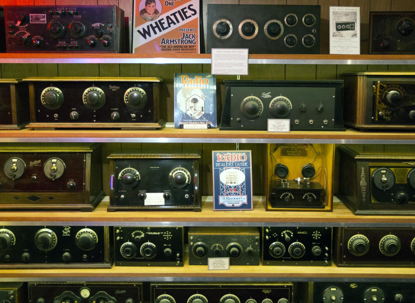 A shelf with Minnesota made radios. The Pavek Museum of Broadcasting in St. Louis Park is selling a treasure trove of equipment and memorabilia from its bulging warehouse. These are not for sale. ] Brian.Peterson@startribune.com St. Louis Park, MN - 5/05/2015