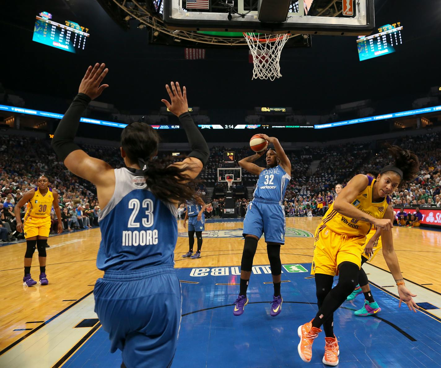 Lynx forward Rebekkah Brunson grabbed a defensive rebound after a missed shot by Los Angeles Sparks forward Candace Parker during Game 2 of the WNBA Finals. The Minnesota Lynx beat the Los Angeles Sparks 79-60 in Game 2 of their WNBA Championship series Tuesday night, October 11, 2016 at Target Center in Minneapolis.