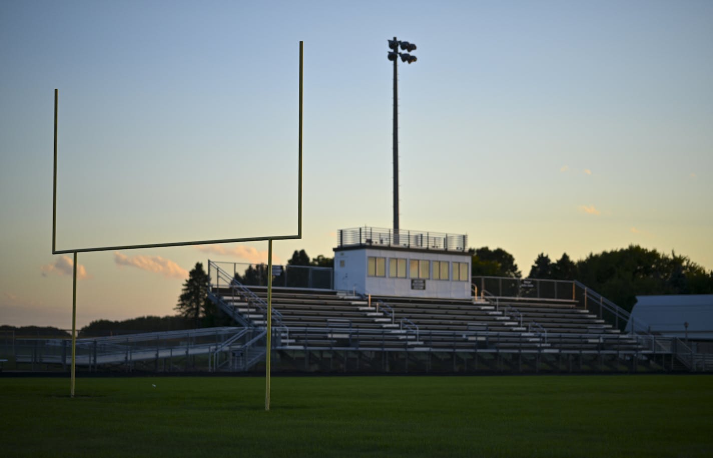 Blooming Prairie's football field Friday night, during what would normally be game time. ] aaron.lavinsky@startribune.com Friday nights with no lights. Living with high school football for the first fall. Blooming Prairie won its first Prep Bowl last fall and would have opened at home on Friday night. We gauge the town's reaction to the cancelled season on Friday, Sept. 4, 2020 in Blooming Prairie, Minn.