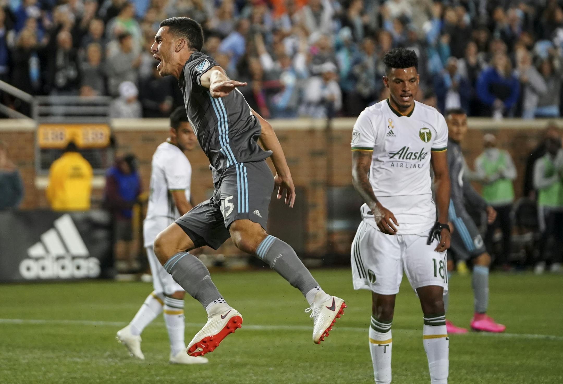 Minnesota United defender Michael Boxall (15) celebrated after scoring a first half goal against the Portland Timbers in the first half. ] AARON LAVINSKY • aaron.lavinsky@startribune.com Minnesota United FC played the Portland Timbers on Saturday, Sept. 22, 2018 at TCF Bank Stadium in Minneapolis, Minn.