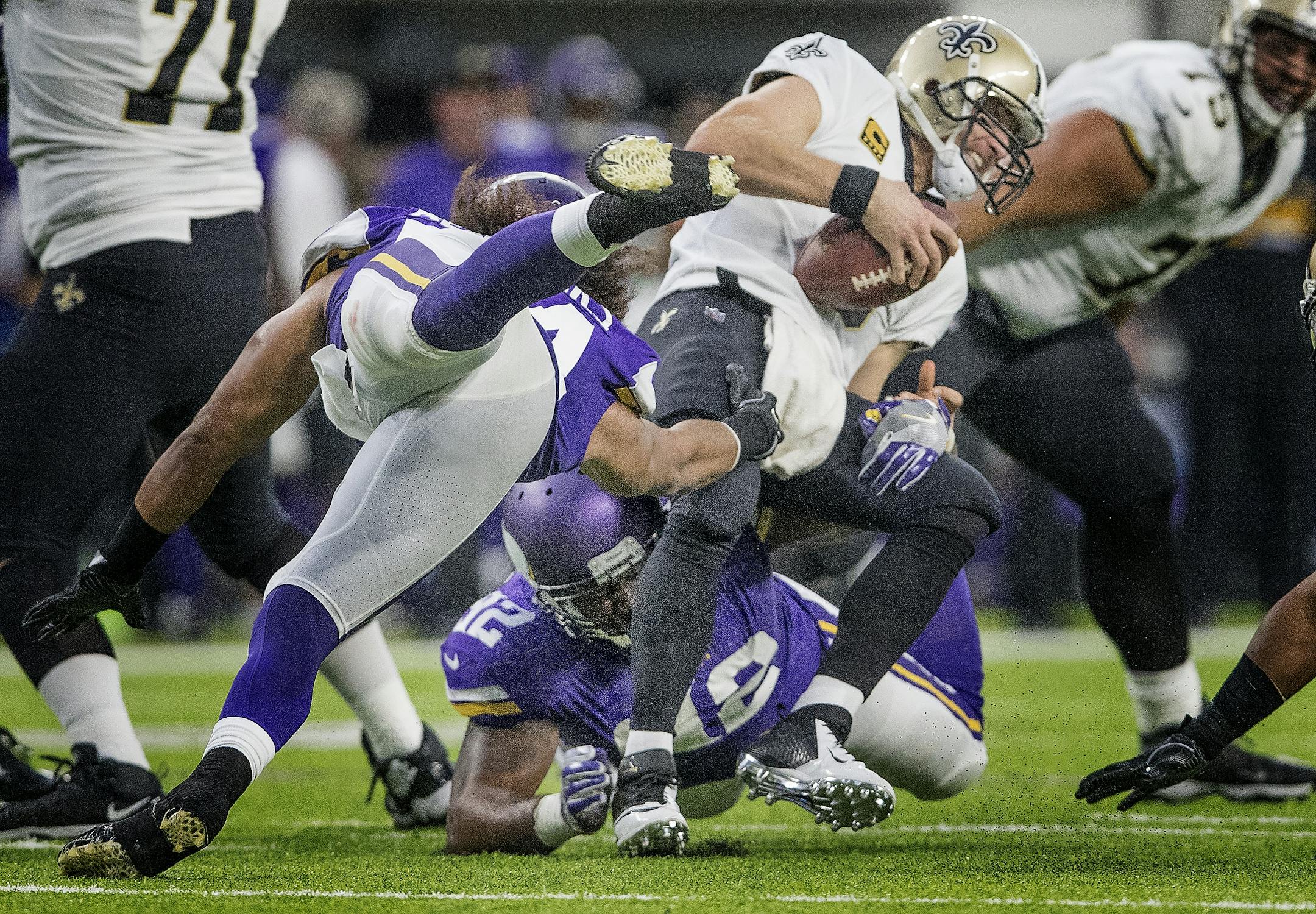 Tom Johnson (92) sacked Drew Brees in the second quarter. Johnson was called for roughing the passer on the play.