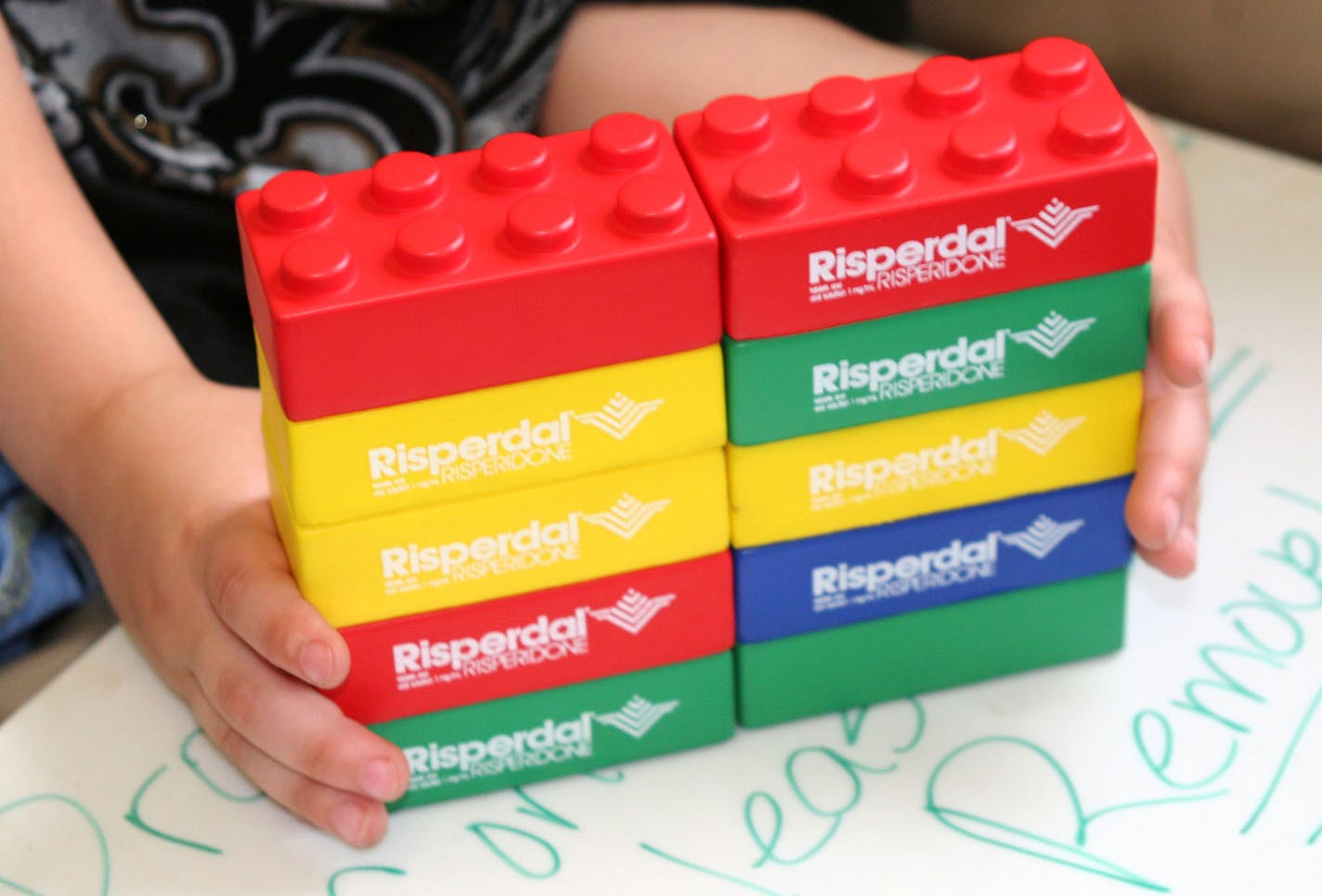 Kyle Warren, 6, a Louisana boy who was taken off of antipsychotic drugs that he had started when he was only 18 months old, plays with drug-branded blocks at his pediatricians office in Opelousas, La., May 10, 2010. Toddlers and even younger children are increasingly being prescribed powerful antipsychotic drugs despite the lack of studies on how such drugs affect a child&#x2019;s development. (Duff Wilson/The New York Times) ORG XMIT: XNYT172