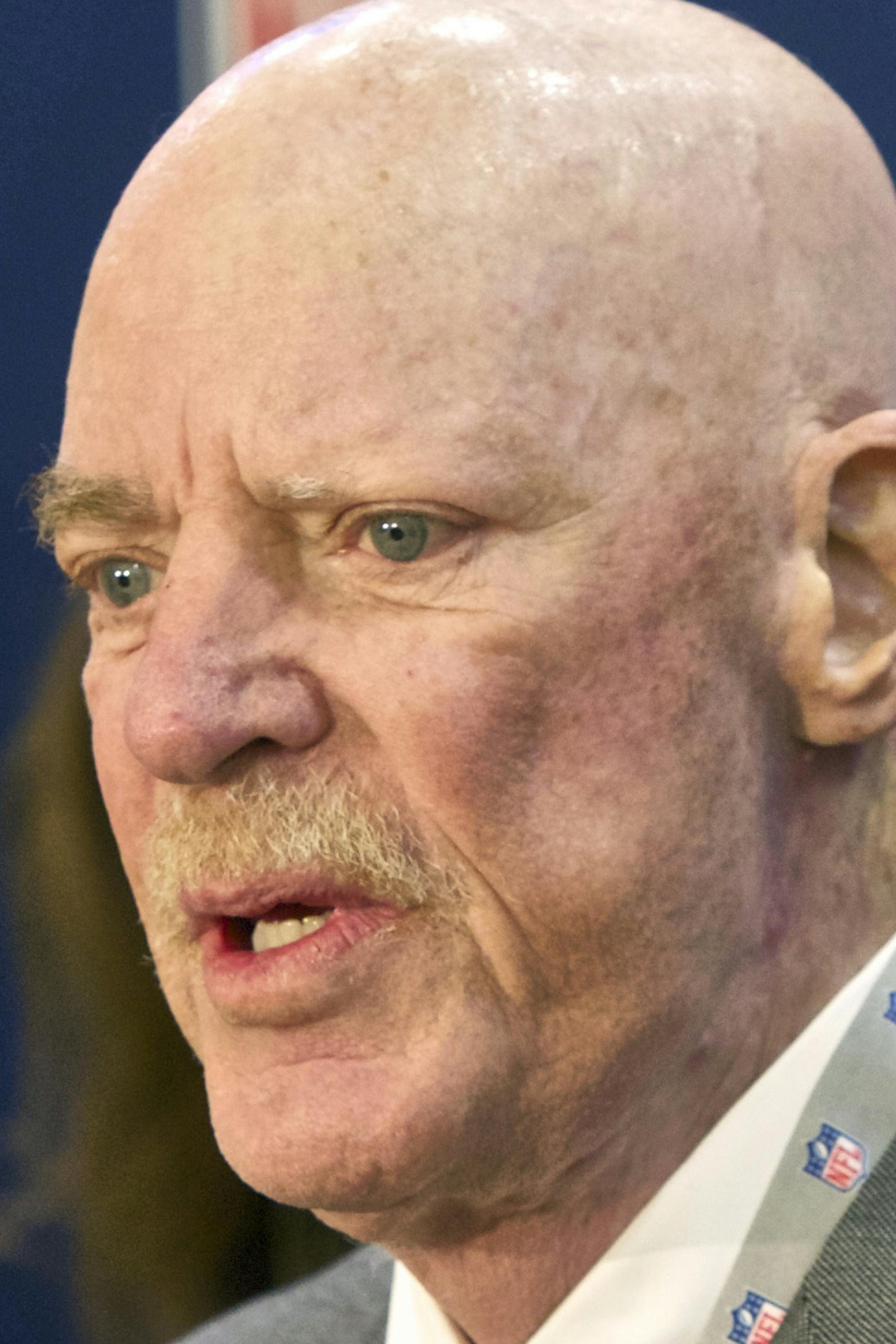 FILE -In this Dec. 10, 2014 file photo Houston Texans owner Bob McNair speaks at an NFL press conference during an owners meeting, in Irving, Texas. At left is NFL commissioner Roger Goodell. McNair has apologized after a report said he declared “we can't have the inmates running the prison” during a meeting of NFL owners over what to do about players who kneel in protest during the national anthem. (AP Photo/Brandon Wade, File)