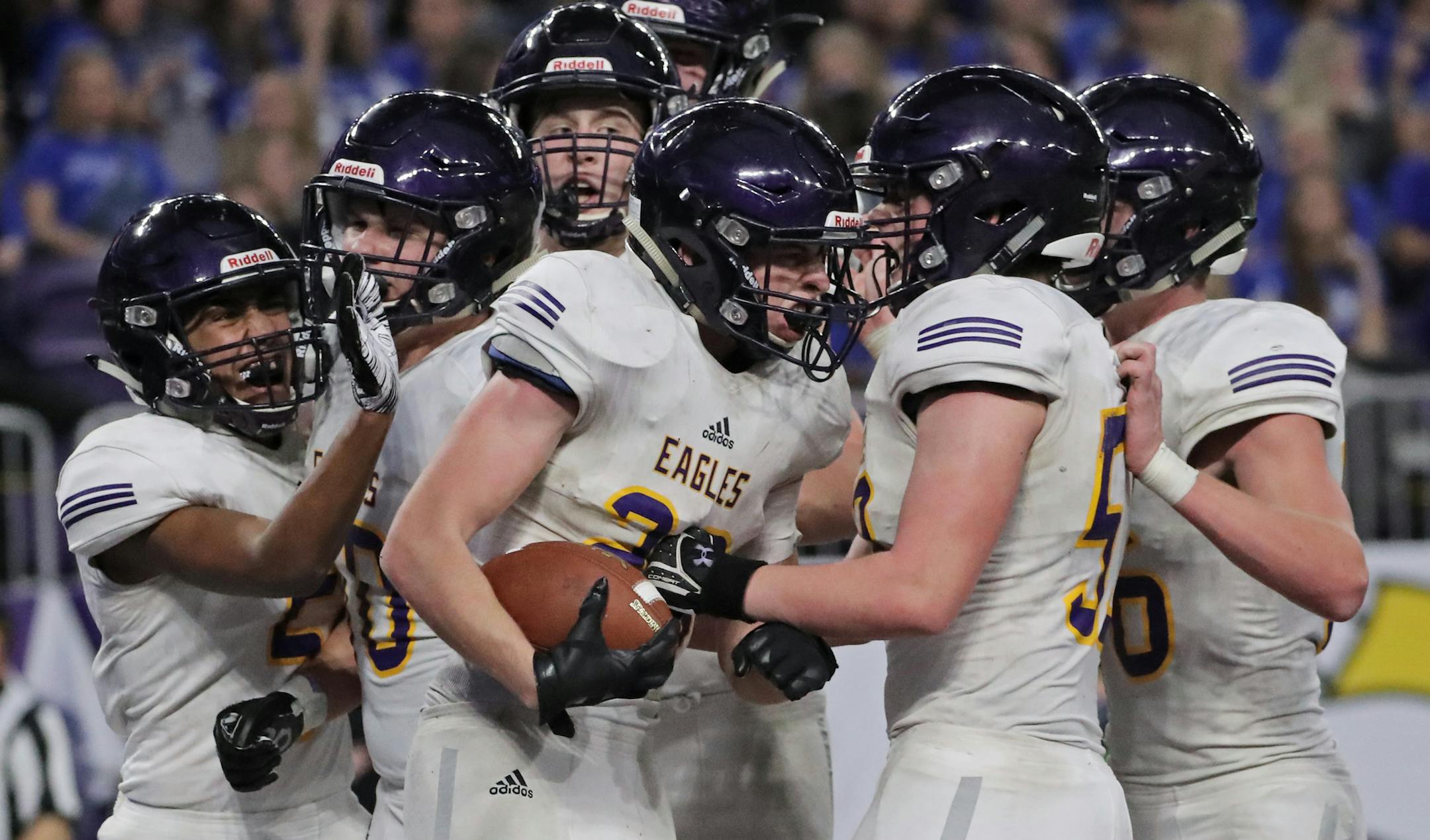 Rochester Lourdes' Zach Jungels (29) and his teammates celebrated after Jungels ran for a touchdown in the fourth quarter. ] Shari L. Gross &#x2022; shari.gross@startribune.com Rochester Lourdes defeated Fairmont 24-7 in the class 3A championship game inside U.S. Bank Stadium on Saturday, Nov. 24, 2018