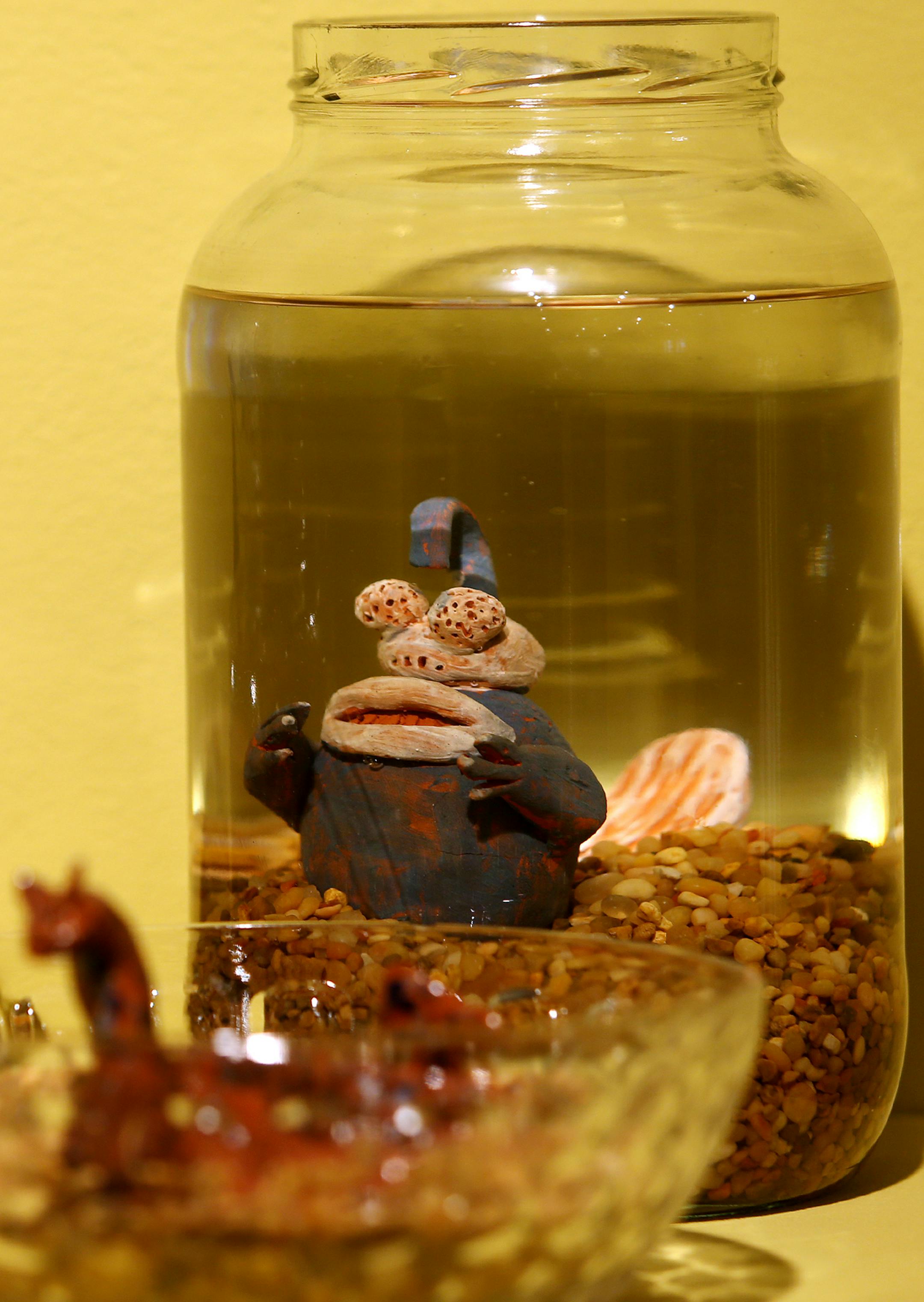 Monsters in glass jars, made by kids at the Northern Clay Center. ] JOELKOYAMA‚Ä¢jkoyama@startribune Minneapolis, MN on April 3, 2014. Review of "Mythology Meets Archetype," a really impressive show of ceramic sculpture by five international artists at Northern Clay Center.