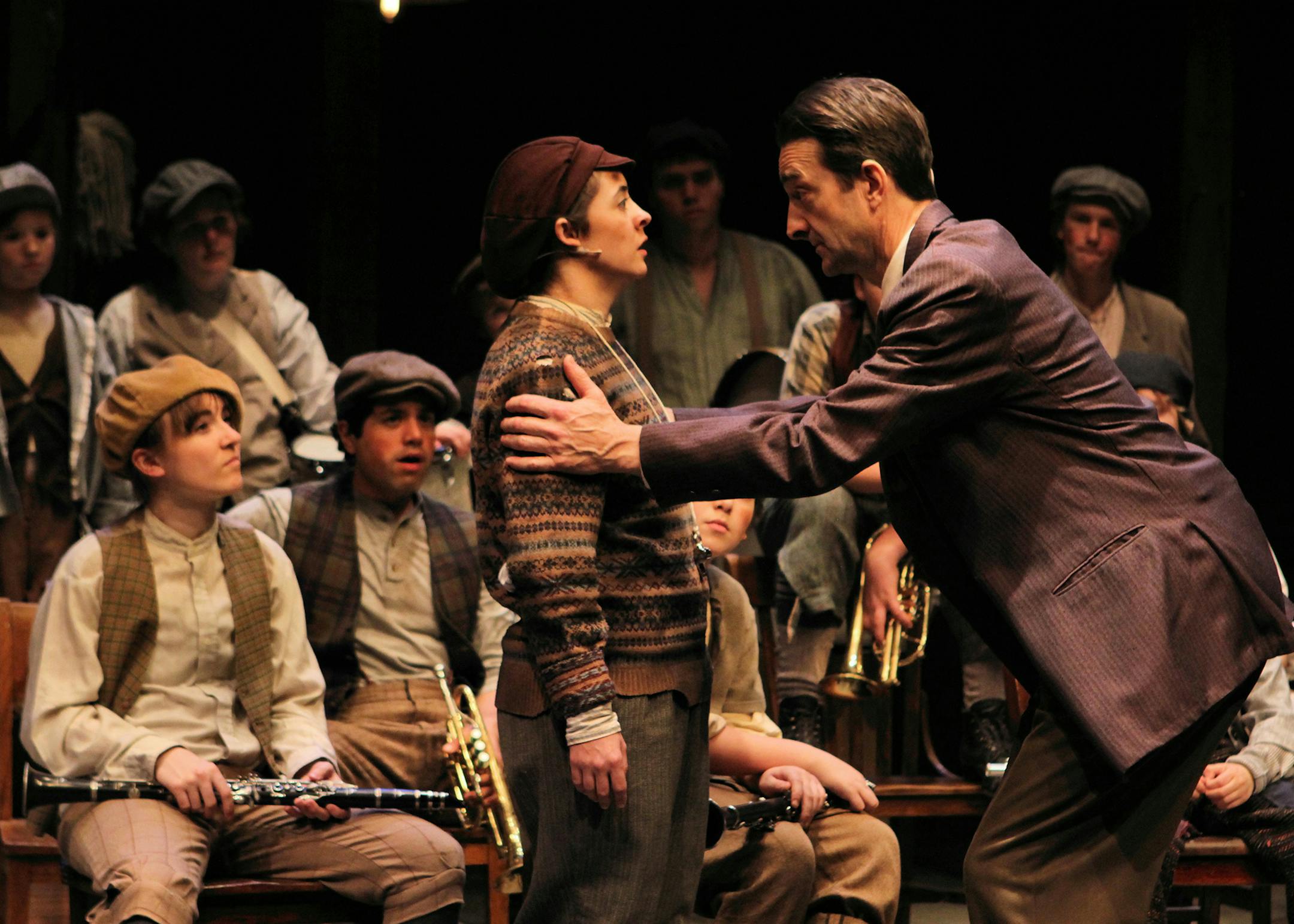 Professor C.C.Heintzeman (Jon Andrew Hegge) is confident that Andy (Christian Bardin) will be able to lead the band in the Loyalty Day Parade in the world premiere of THE WORKING BOYS BAND at History Theatre. Photo by Scott Pakudaitis, May 2014.