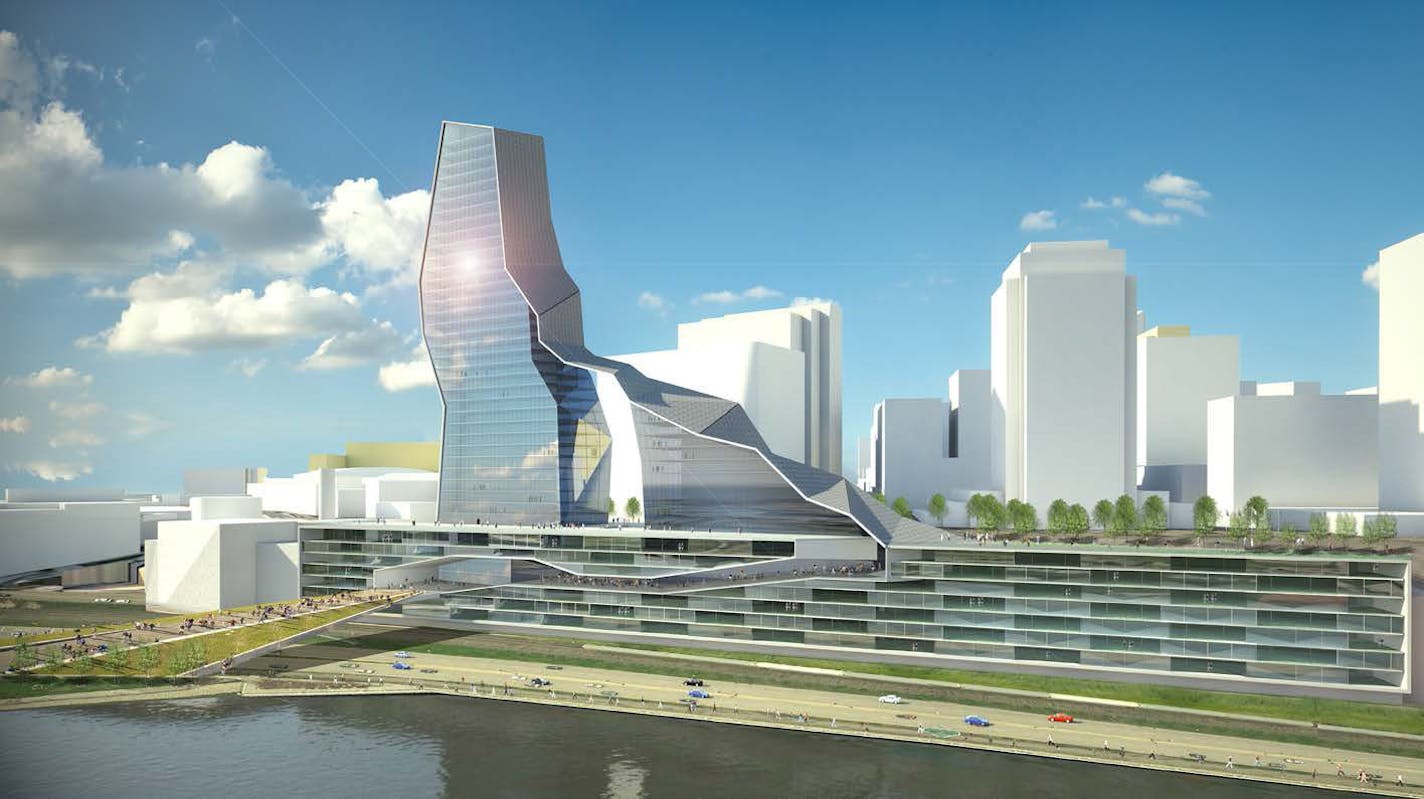 A hotel and housing tower envisioned along the Mississippi River in downtown St. Paul. "The unique form of the hotel/housing tower appears to 'grow from the bluff below,' " according to the "Prosper: Momentum is Building" report.