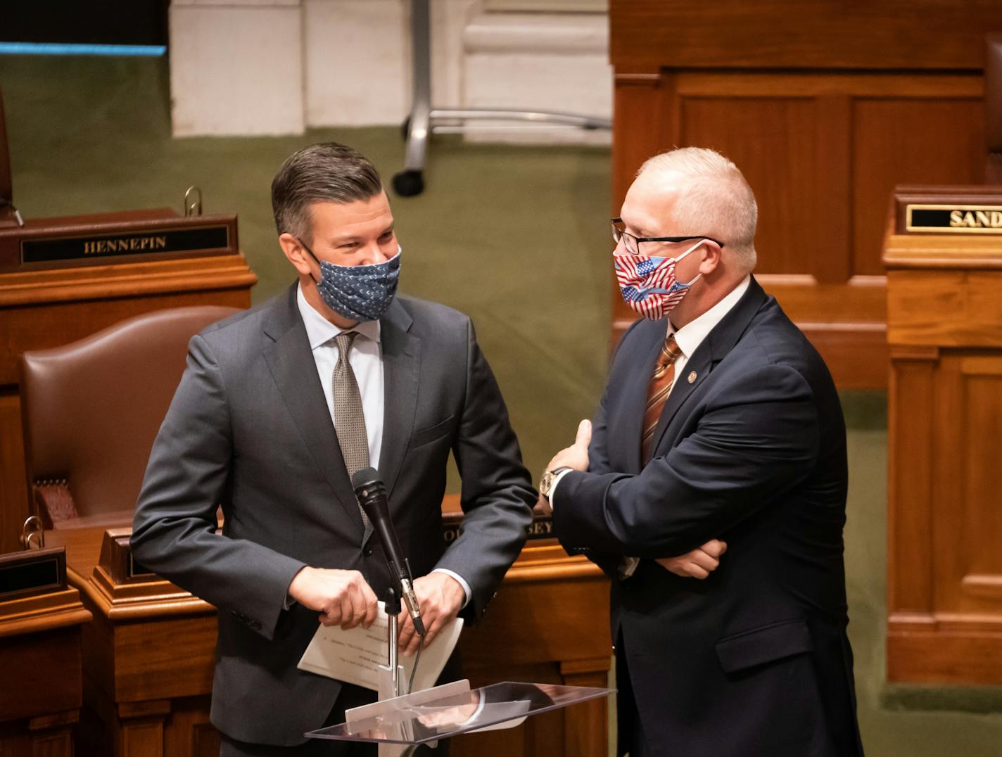 House Majority Leader Ryan Winkler, DFL-Golden Valley talked Rep. Jim Nash, R-Waconia before the start of Wednesday's special session. Democrats are looking for ways to finally pass a bonding bill this year. ] GLEN STUBBE • glen.stubbe@startribune.com Wednesday, October 14, 2020 It's the big Minnesota House vote on the bonding bill. Will the DFL peel off the six Republican votes it needs to pass the measure that would provide a shot in the arm for Minnesota's lagging economy? The Senate also nee