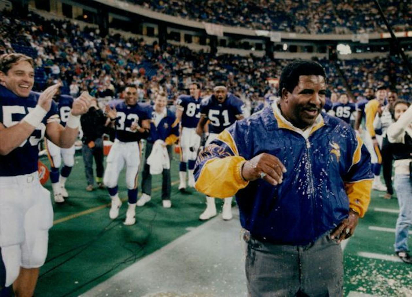 December 28, 1992 Vikings coach Dennis Green was doused with Gatorade after a 27-7 victory over the Green Bay Packers at the Metrodome on Sunday, ending a division-winning regular season in his first year as coach. The Vikings will face the Washington Redskins in a playoff game at 11:30 a.m. Saturday at the Metrodome in Sports.  Brian Peterson, Minneapolis Star Tribune