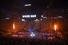 Flames shot up from the basket standards during player introductions before Game 6 of the NBA Western Conference semifinal game between the Timberwolv