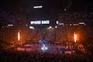 Flames shot up from the basket standards during player introductions before Game 6 tonight at Target Center.