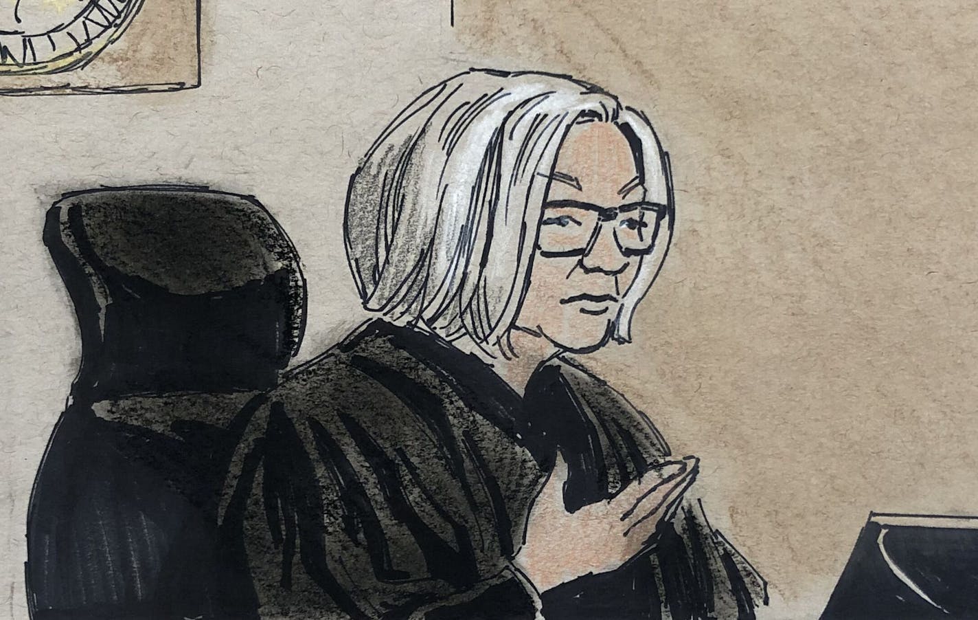 Judge Kathryn Quaintance addresses the courtroom during Friday's pretrial hearing for former Minneapolis police officer Mohamed Noor, who is scheduled to stand trial Monday for the 2017 shooting death of Justine Ruszczyk Damond. (Sketch by Cedric Hohnstadt)