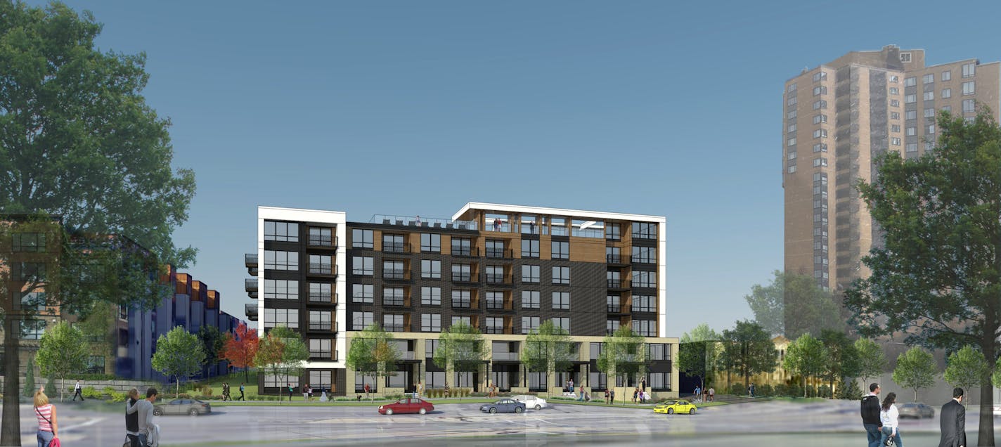 Denver developer's plans for 200 apartments or condos overlooking Lake Calhoun. This is the six-story option. ESG Architects