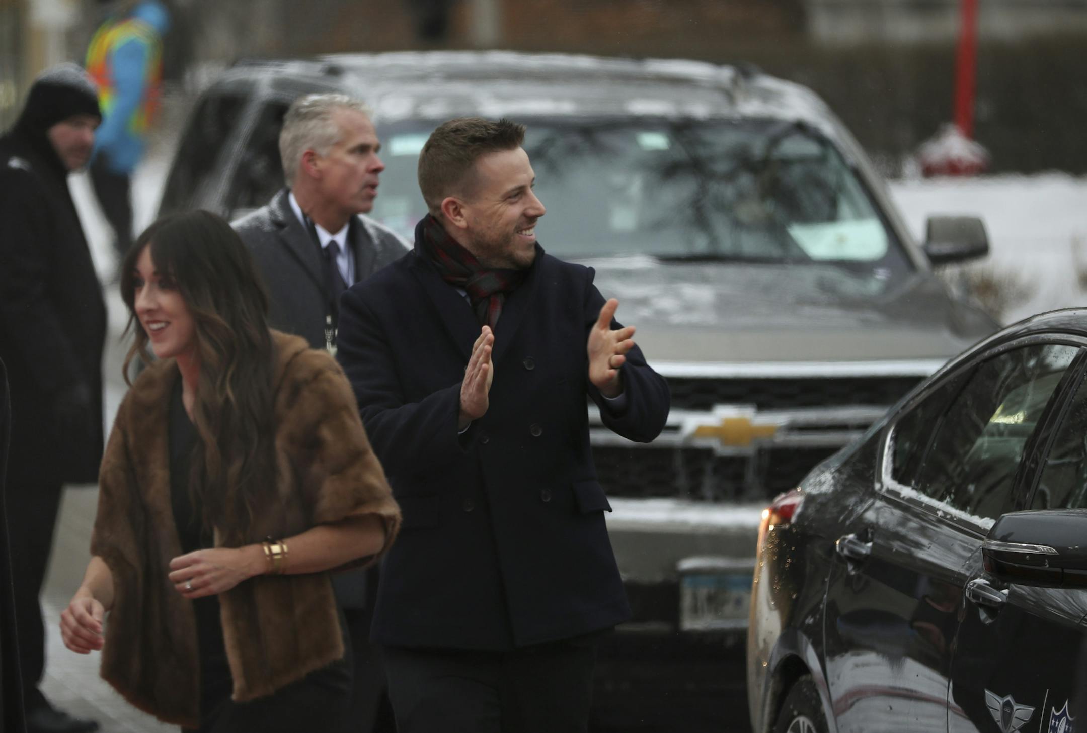 Vikings quarterback Case Keenum acknowledged cheering fans as he and his wife Kimberly walked from their limo to the Red Carpet after arriving at he NFL Honors event. ] JEFF WHEELER ï jeff.wheeler@startribune.com The NFL Honors awards show was held Saturday evening, February 3, 2018 at Northrop Auditorium in on the University of Minnesota campus in Minneapolis. The Hall of Fame inductees were announced as well as the MVP, Rookie of the Year, and other awards.