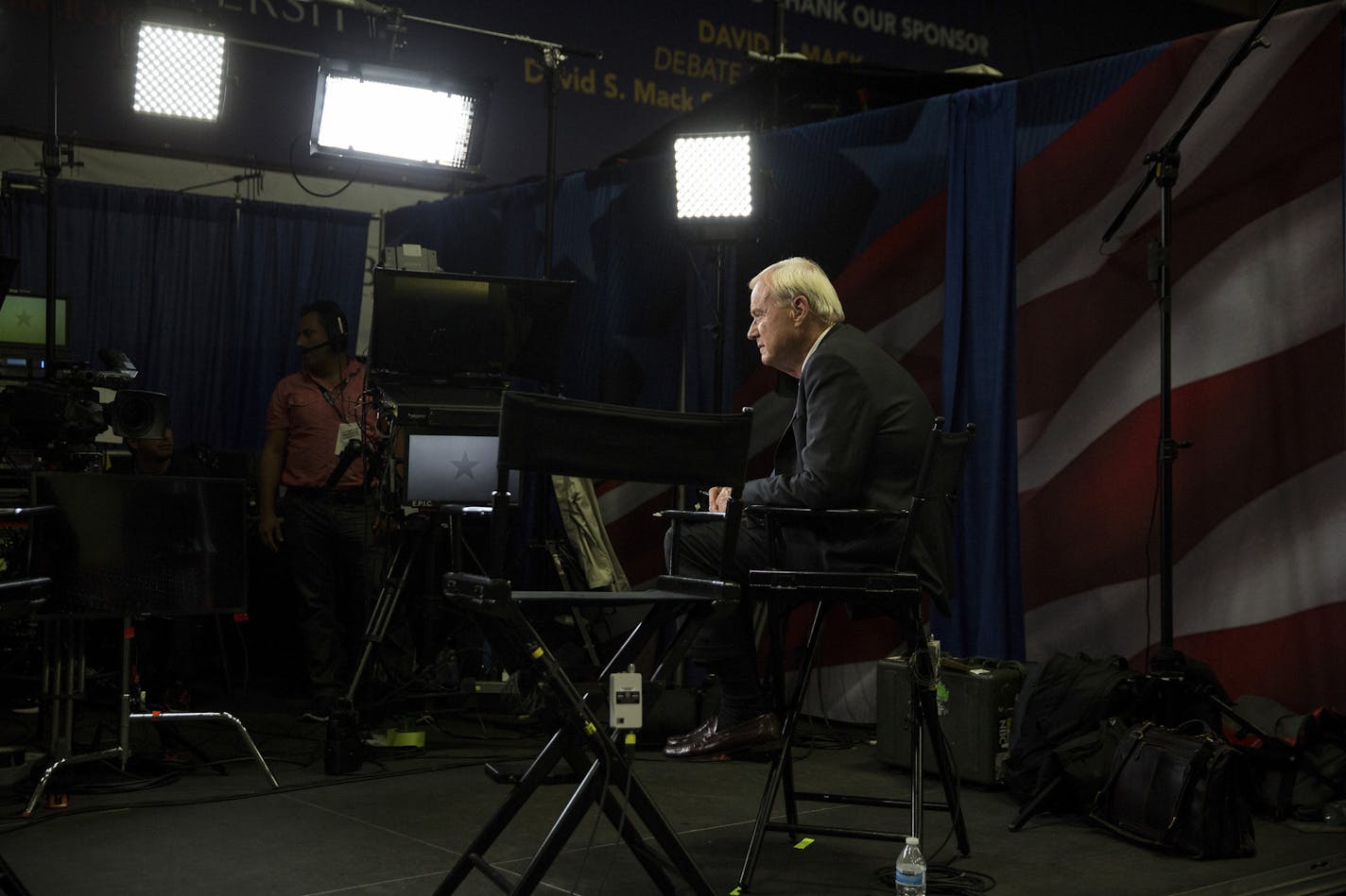 FILE -- Chris Matthews of MSNBC in the spin room after the first debate between Hillary Clinton and Donald Trump, at Hofstra University in Hempstead, N.Y., Sept. 26, 2016. Matthews, the veteran political anchor and voluble host of the long-running MSNBC talk show &#x201c;Hardball,&#x201d; resigned on March 2, 2020, an abrupt departure from a television perch that made him a fixture of politics and the news media over the past quarter-century. (Damon Winter/The New York Times)