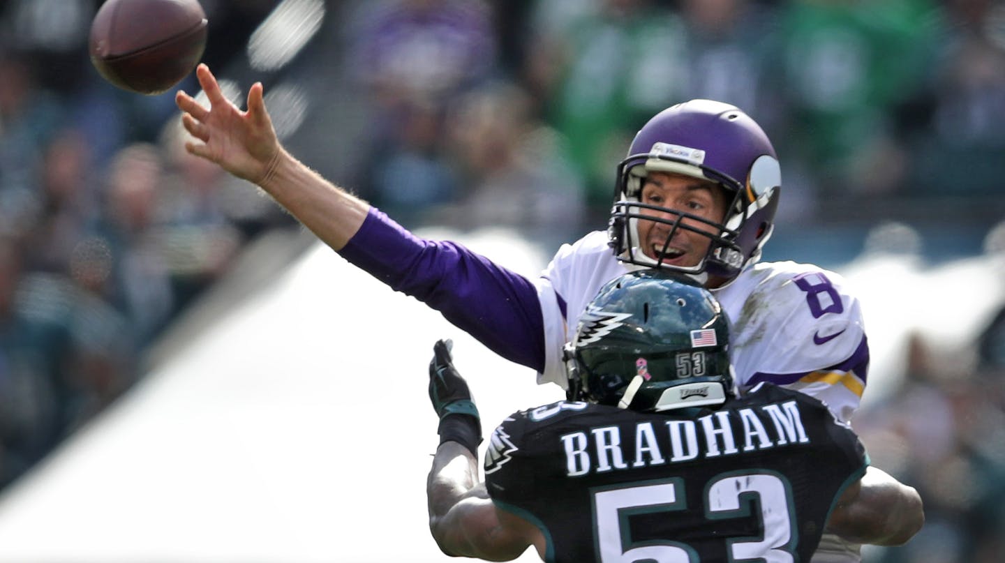 Vikings quarterback Sam Bradford had pressure from the Eagles' Nigel Bradham in the first half Sunday.