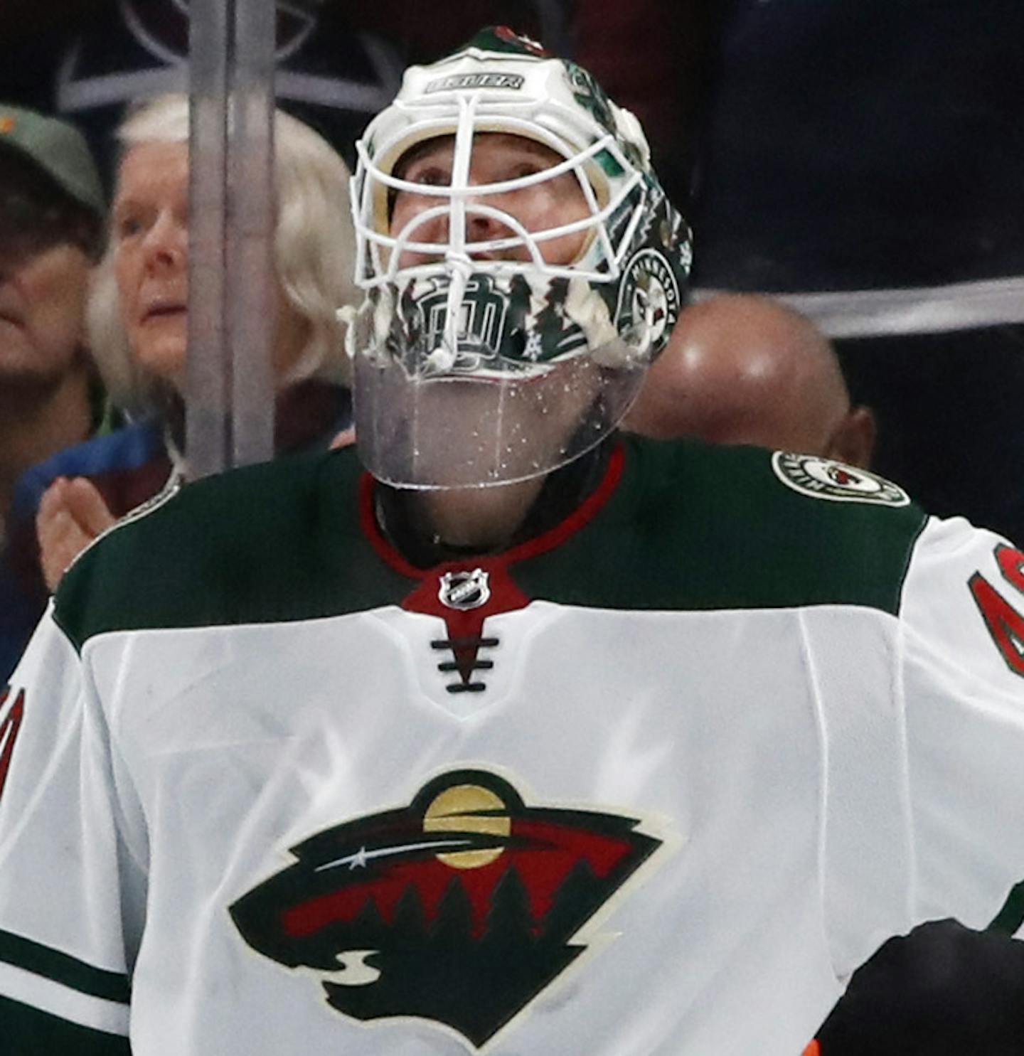 Minnesota Wild goaltender Devan Dubnyk reacts after giving up a goal to Colorado Avalanche center Nathan MacKinnon in the second period of an NHL hockey game Friday, March 2, 2018, in Denver. (AP Photo/David Zalubowski)