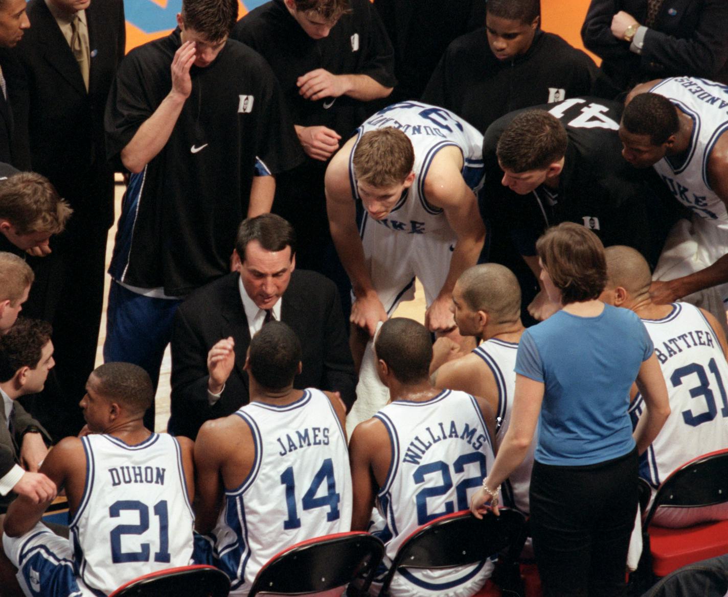 Duke coach Mike Krzyzewski talked to the Blue Devils during a game against Maryland in the 2001 Final Four. Krzyzewski's third NCAA title came in the same building where he won his second -- the Metrodome in Minneapolis.