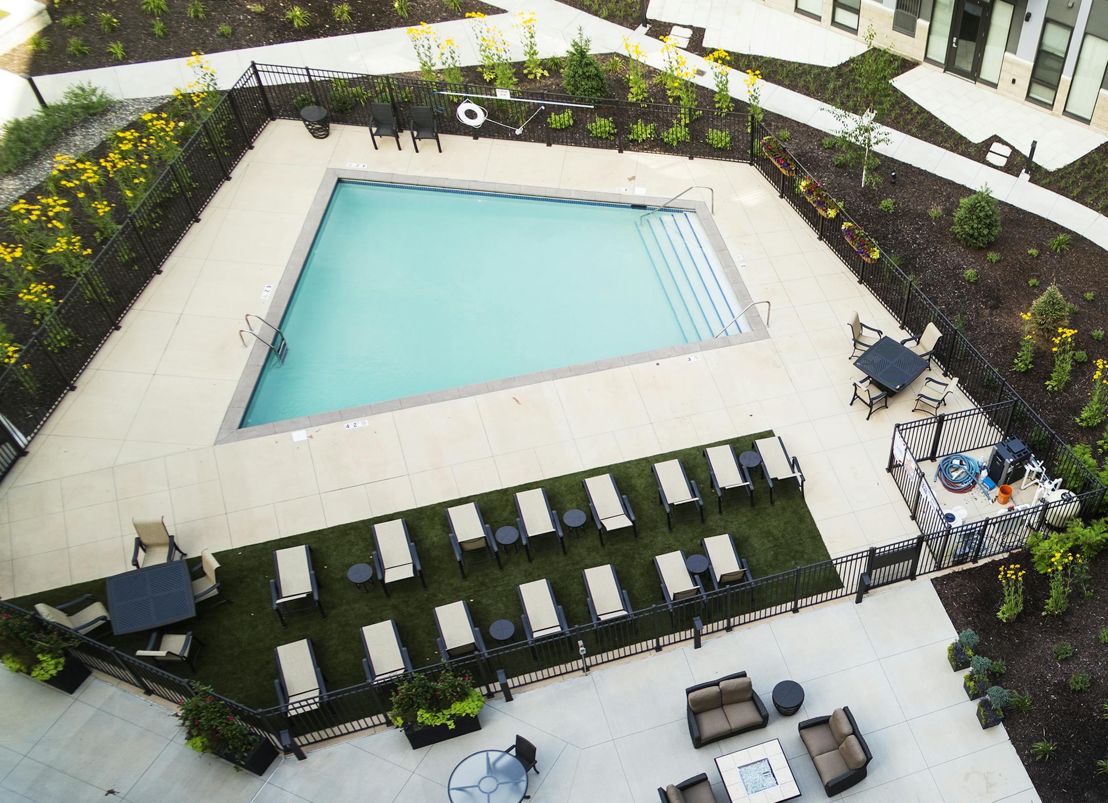 One Southdale Place in Edina, which opened in January, is already 70 percent leased. Above: The courtyard features a pool.