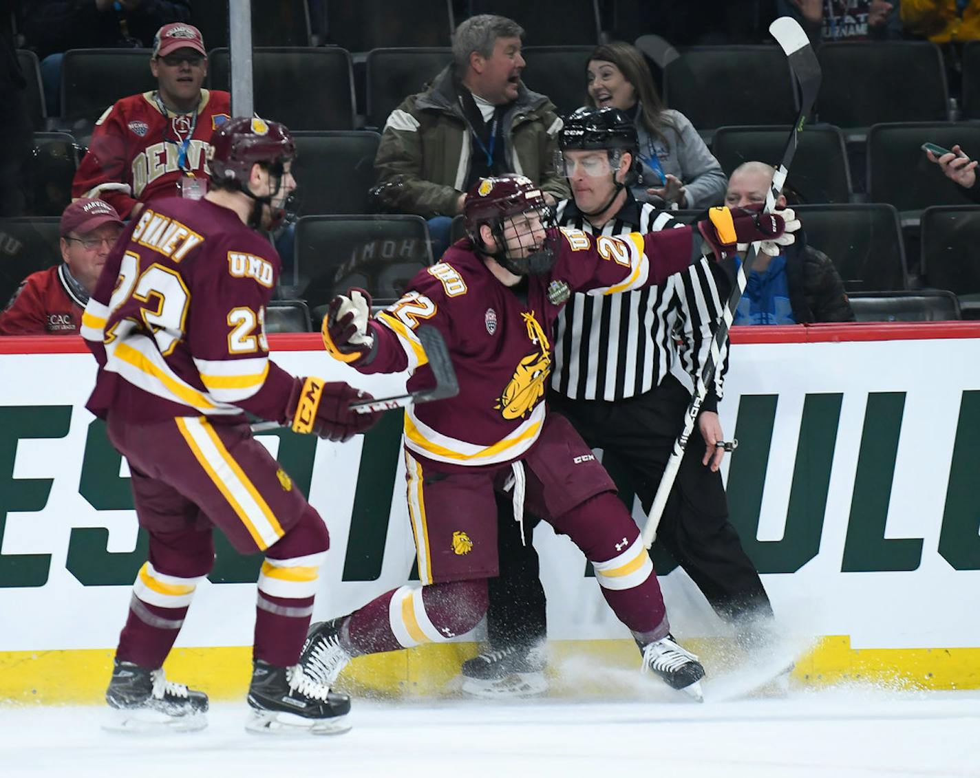 Minnesota Duluth, which won the national championship, celebrated a goal during the 2018 Frozen Four at the Xcel Energy Center.