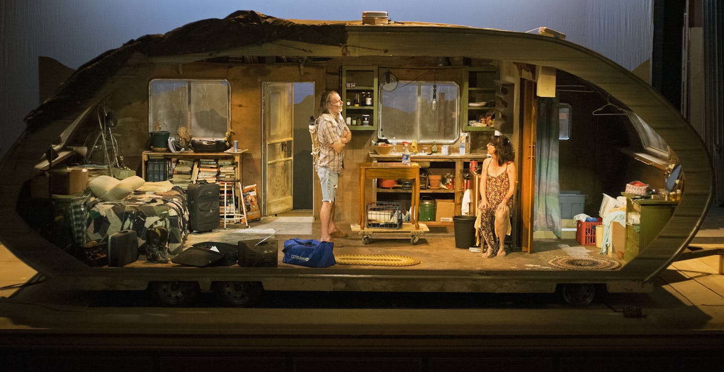 Actors Terry Hempleman and Angela Timberman on the set of &#x201c;Annapurna&#x201d; at the Jungle Theater in Minneapolis. They play a former couple confronting the past in the man&#x2019;s isolated house trailer.