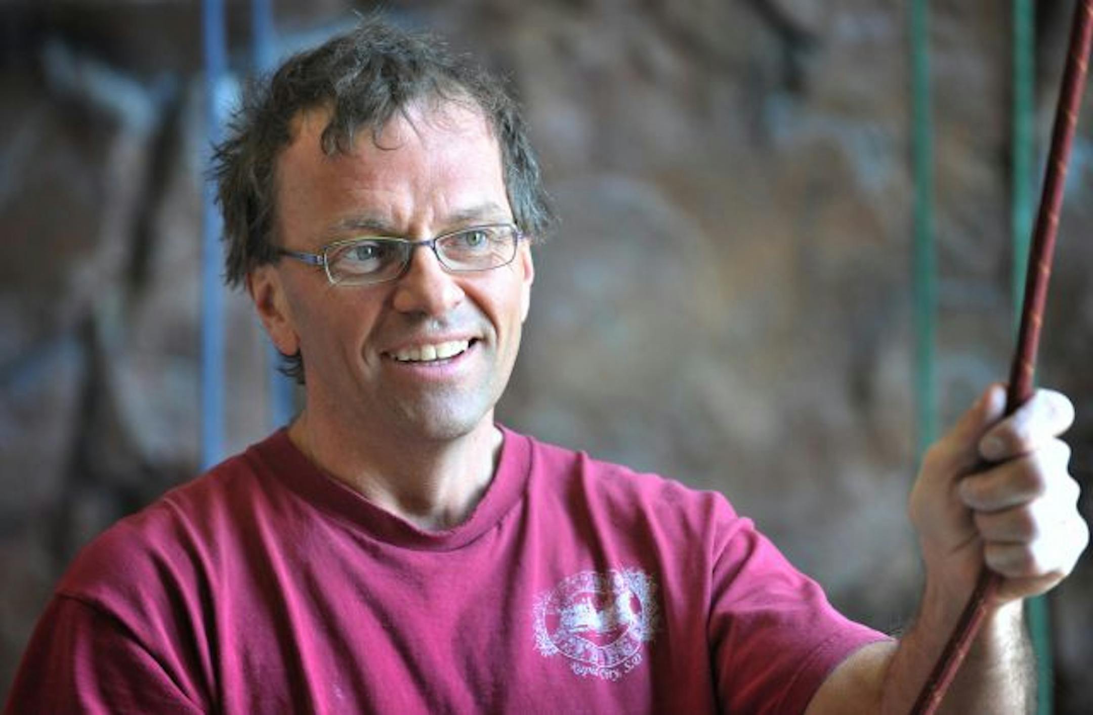 Greg Martin practiced climbing at Vertical Endeavors in St. Paul. He heads off to a month-long climbing trip to Potrero Chico, Mexico with 2500 to 6000-foot-climbs.