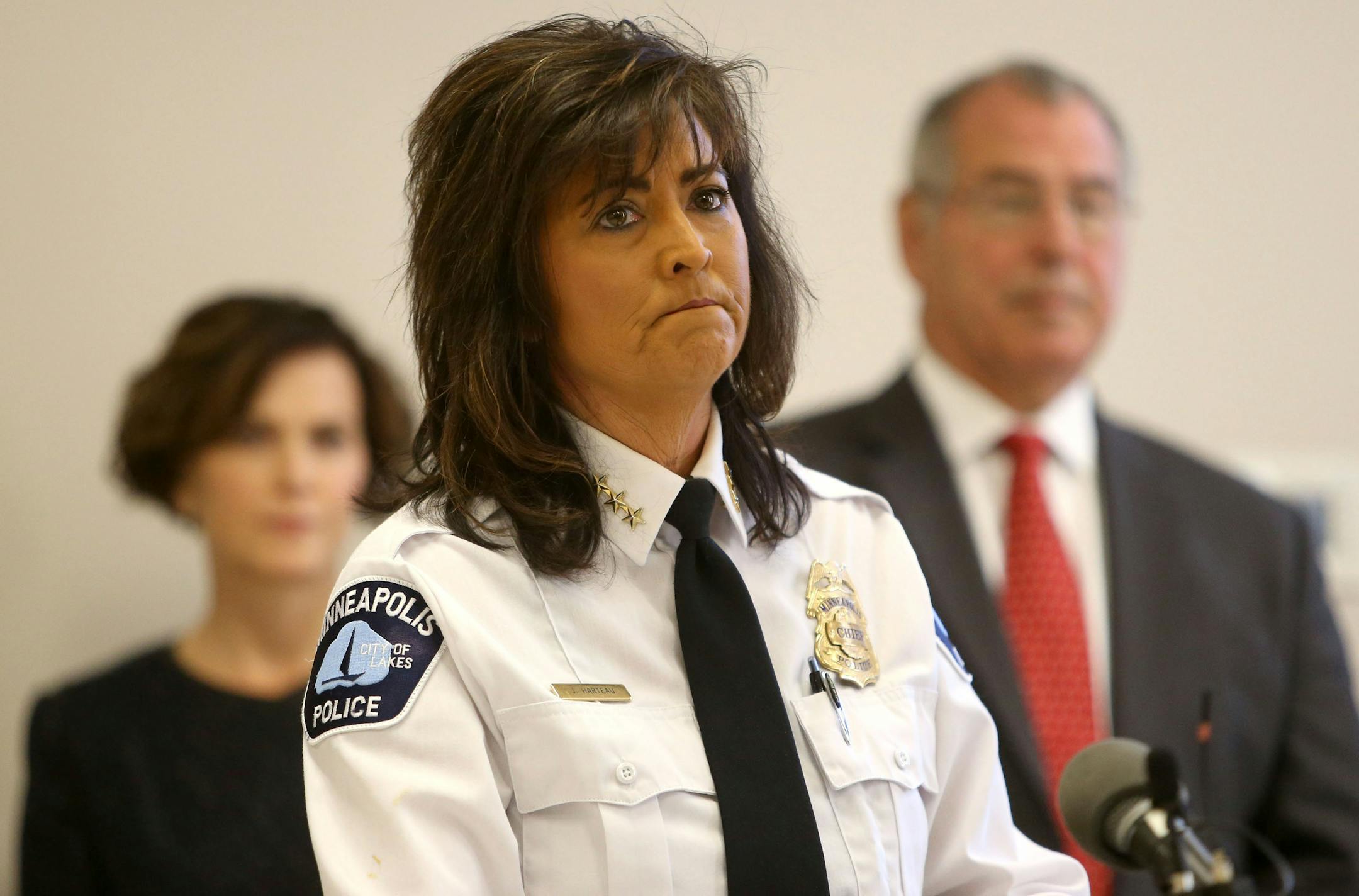 Minneapolis mayor Betsy Hodges, Minneapolis police chief Janee Harteau, and Hennepin County Attorney Mike Freeman held a press conference along with other officials at City Hall to discuss "new focused interventions around violent crime," Friday, Nov. 13, 2015, in Minneapolis, MN. Here, Harteau pauses while taking a question from a media member.](DAVID JOLES/STARTRIBUNE)djoles@startribune.com Mayor Betsy Hodges, Chief Janee Harteau, County Attorney Mike Freeman held a press conference along with