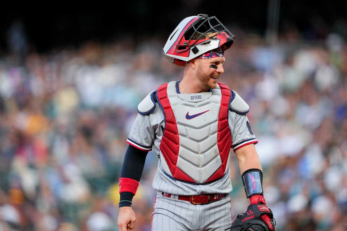 Minnesota Twins catcher Ryan Jeffers smiles during a baseball game against the Seattle Mariners, Wednesday, July 19, 2023, in Seattle. (AP Photo/Lindsey Wasson)