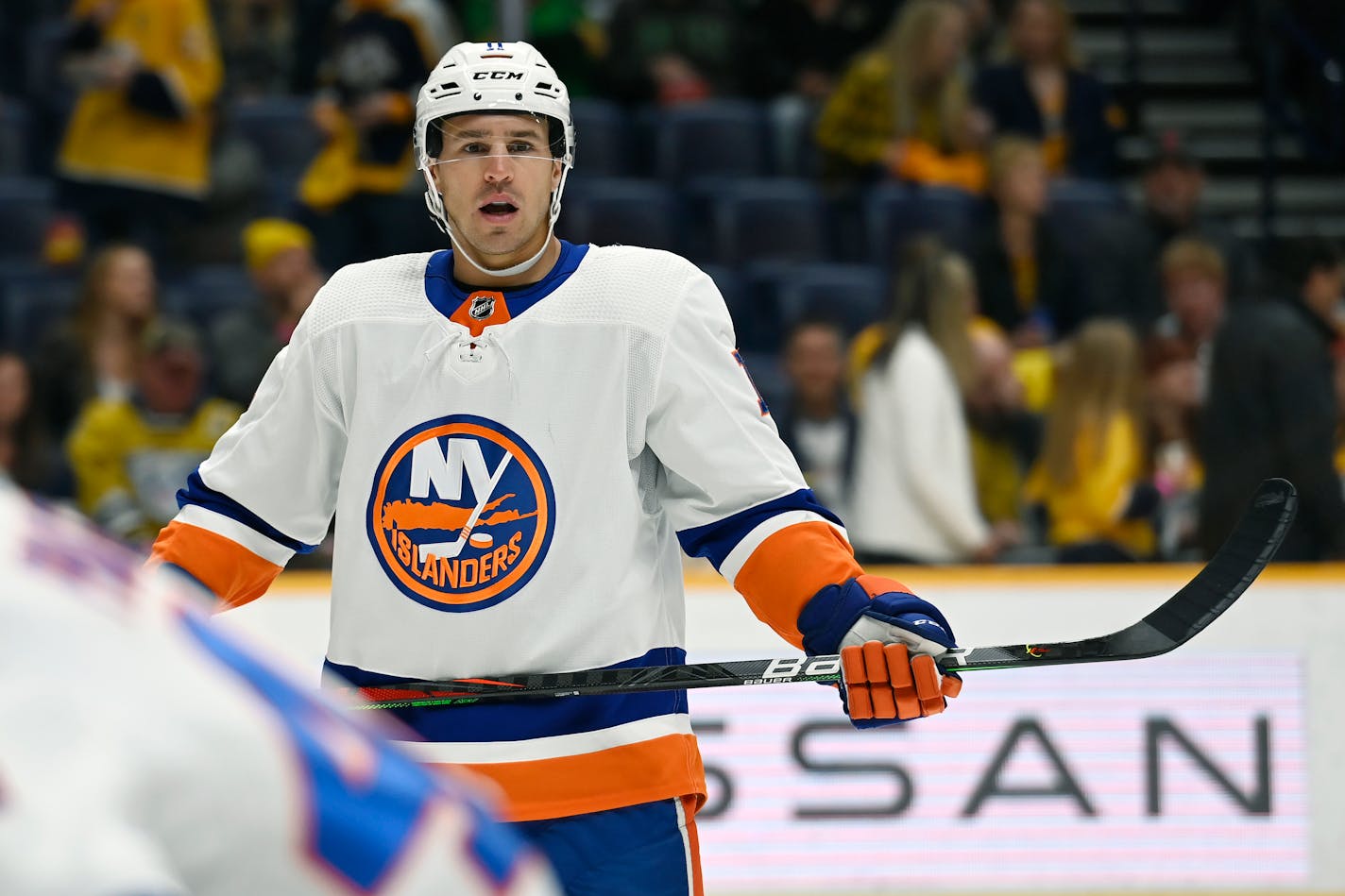 New York Islanders left wing Zach Parise (11) plays against the Nashville Predators during first period of an NHL hockey game Saturday, Oct. 30, 2021, in Nashville, Tenn. (AP Photo/Mark Zaleski)