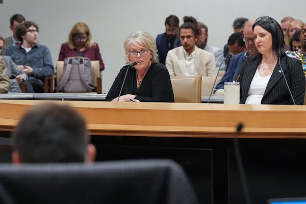 Charlene Briner, interim director of the state Office of Cannabis Management, left, speaks during a committee hearing with cannabis bill sponsor Sen. 
