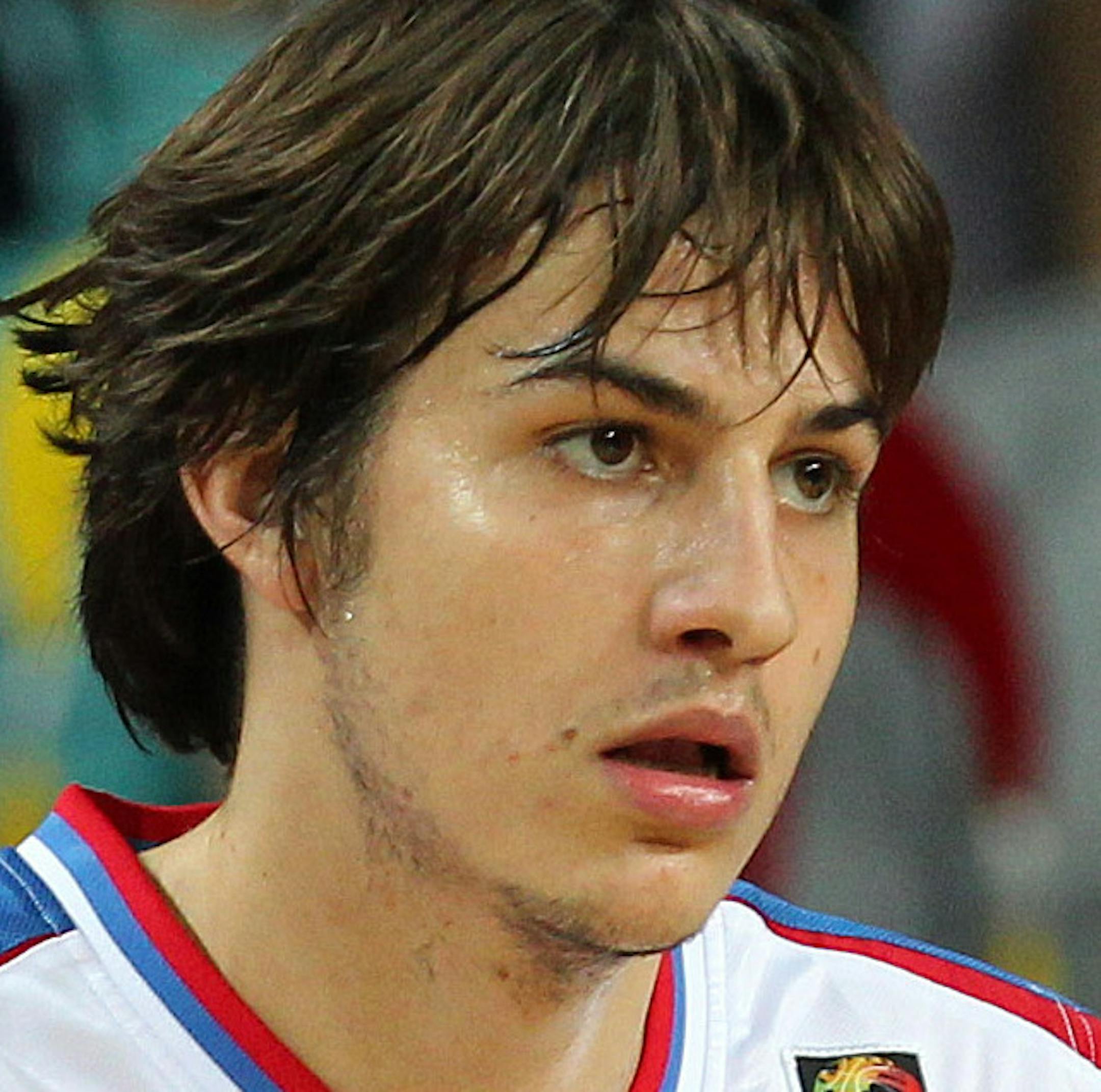 Serbia's Nemanja Bjelica gestures, after scoring a point against Spain during their World Basketball Championship quarter-finals match at the Sinan Erdem stadium in Istanbul, Wednesday, Sept. 8, 2010. (AP Photo/Thanassis Stavrakis)