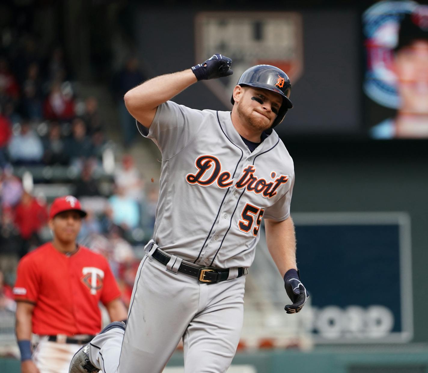 Detroit catcher John Hicks hit a solo home run in the ninth inning of Game 1 of a doubleheader at Target Field