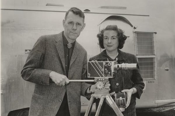 Fran Hall and his wife, Tallie, with the cameras they used to record the epic 1963-64 Airstream trailer caravan world tour.