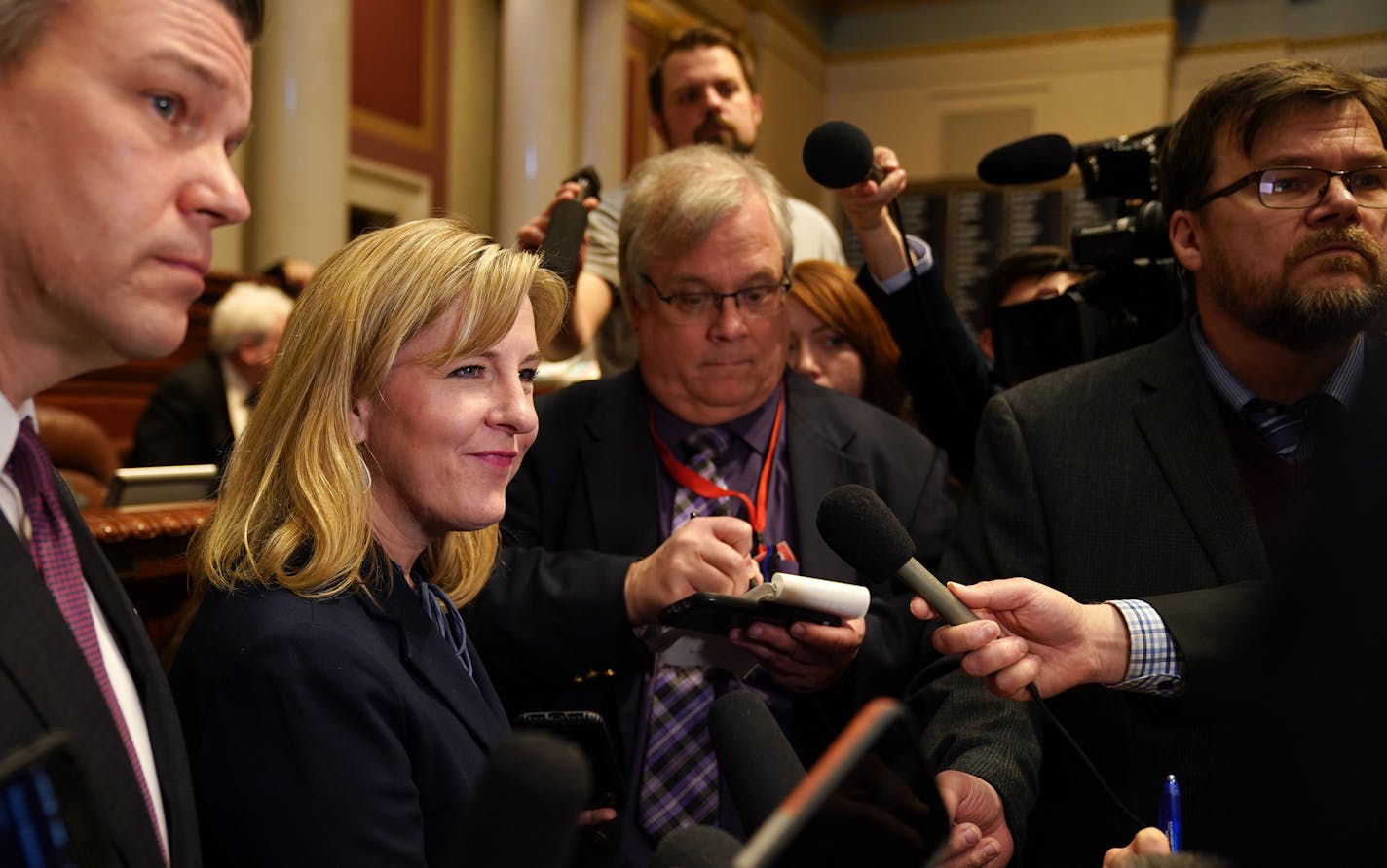 House Speaker Melissa Hortman talked with reporters following the first day of session Tuesday. ] ANTHONY SOUFFLE &#x2022; anthony.souffle@startribune.com The Minnesota State House and Senate both met for the first day of the legislative session Tuesday, Feb. 11, 2020 at the State Capitol in St. Paul, Minn.