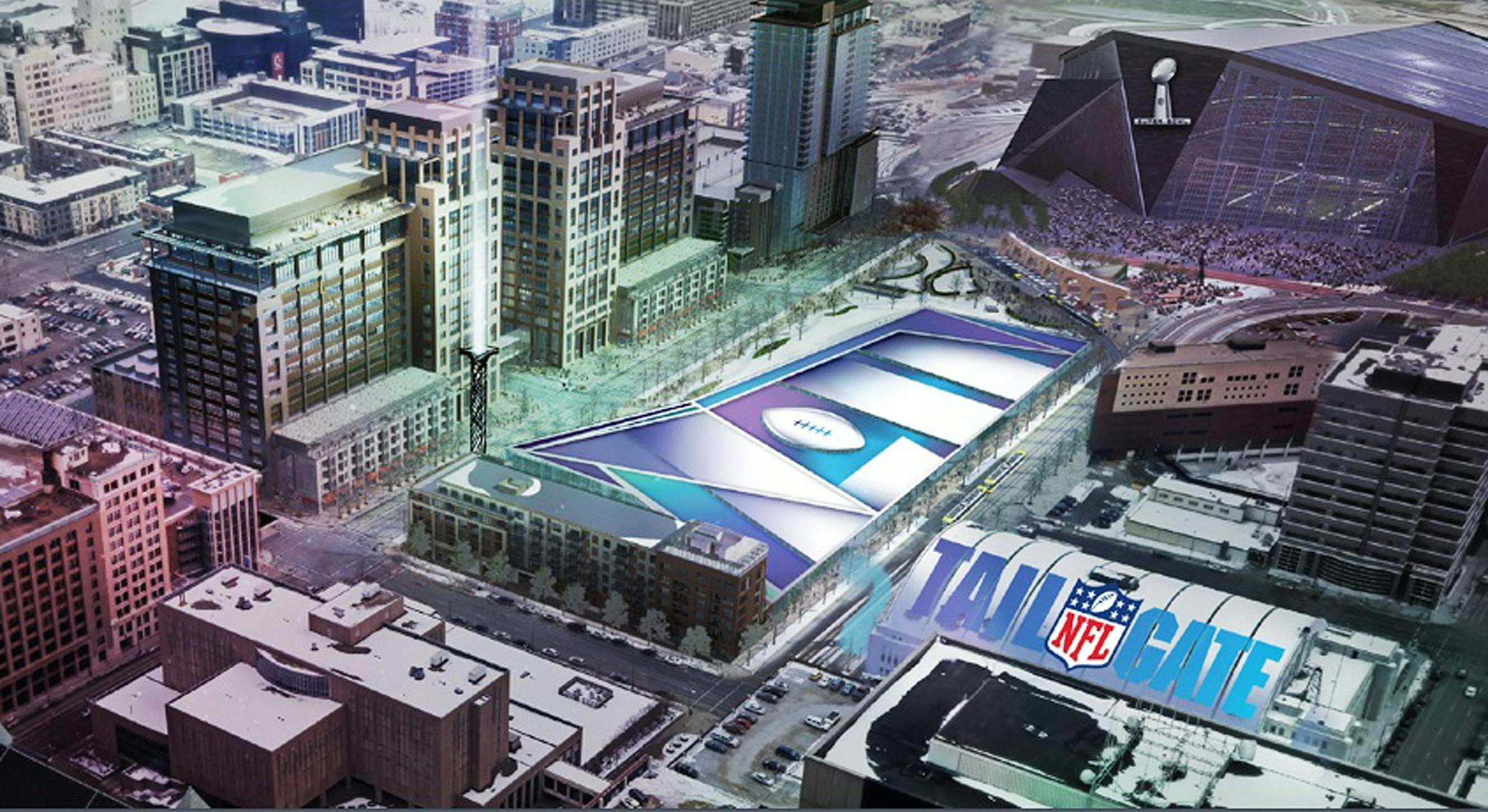 In this artist's rendering provided by the Minnesota Vikings on Wednesday, May 21, 2014, a Super Bowl LII logo covers a seven-acre prime space for an NFL tailgate party next to the new stadium, top right, which is under construction in Minneapolis. The image was part of the presentation made to NFL team owners before they voted to hold the 2018 Super Bowl in Minneapolis. (AP Photo/Minnesota Vikings) ORG XMIT: MIN2014052118254773