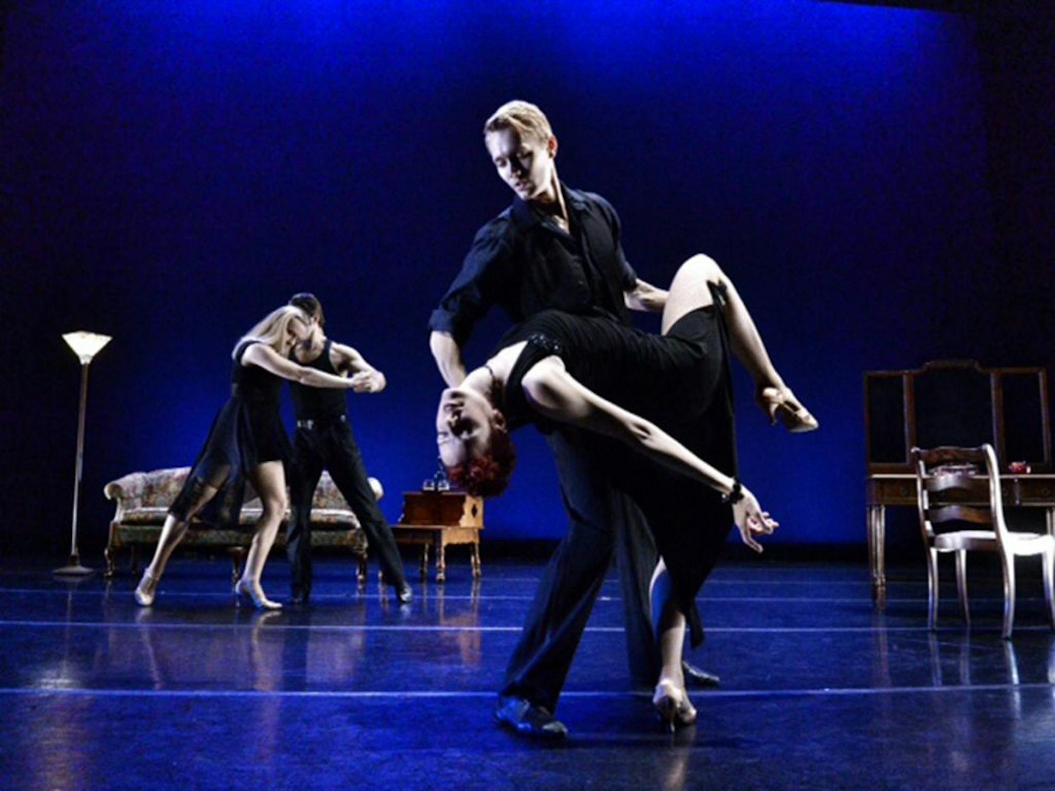 Credit: V. Paul VirtucioDancers Mary Ann Bradley and Tristan Koepke (foreground) and Stephen Schroeder and Laura Selle Virtucio in Hotel Tango (para Sharon) by Mariusz Olszewski at Zenon Dance Co.