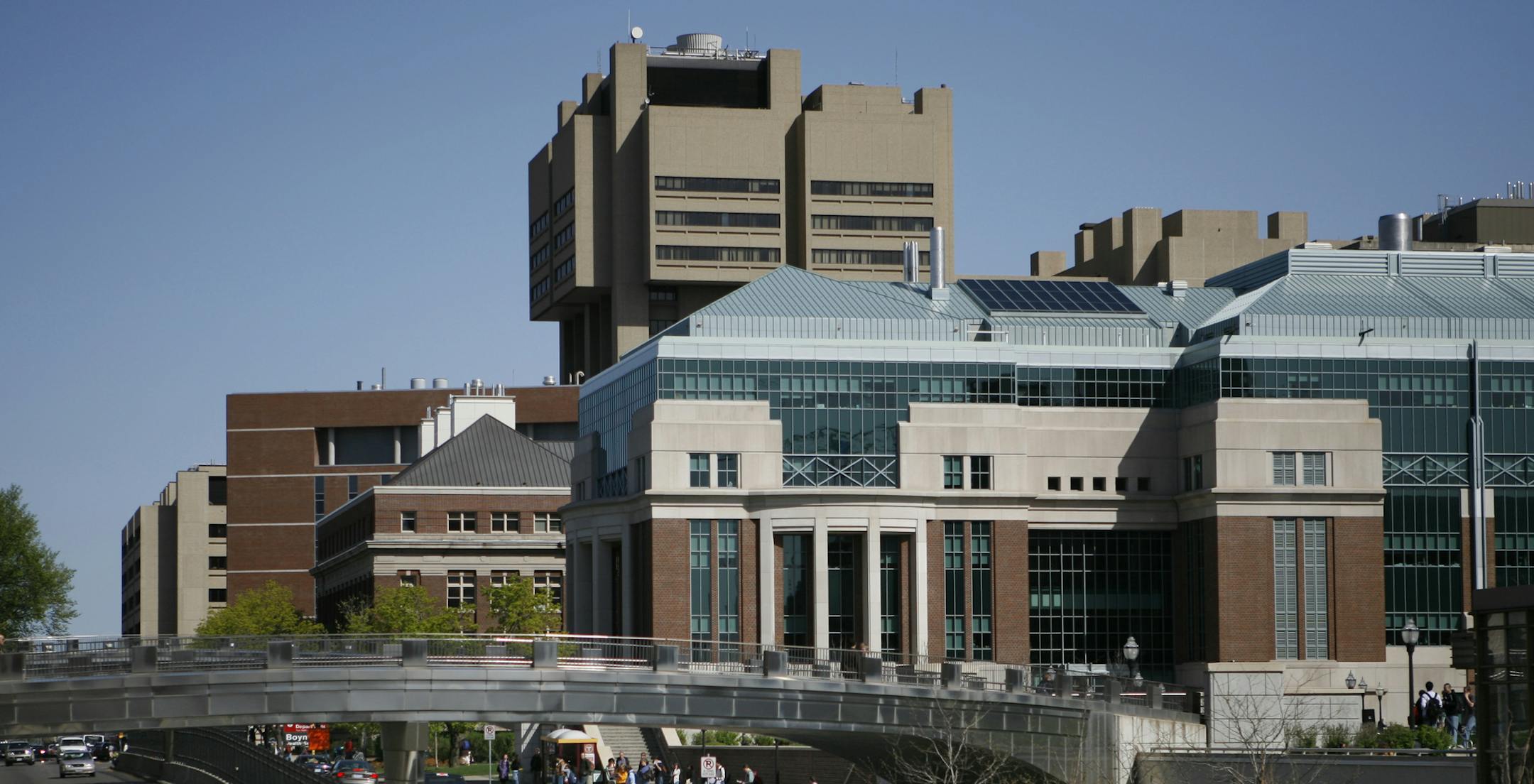 The building at right is Nils Hasselmo Hall on the University of Minnesota campus, 312 Church St. SE.