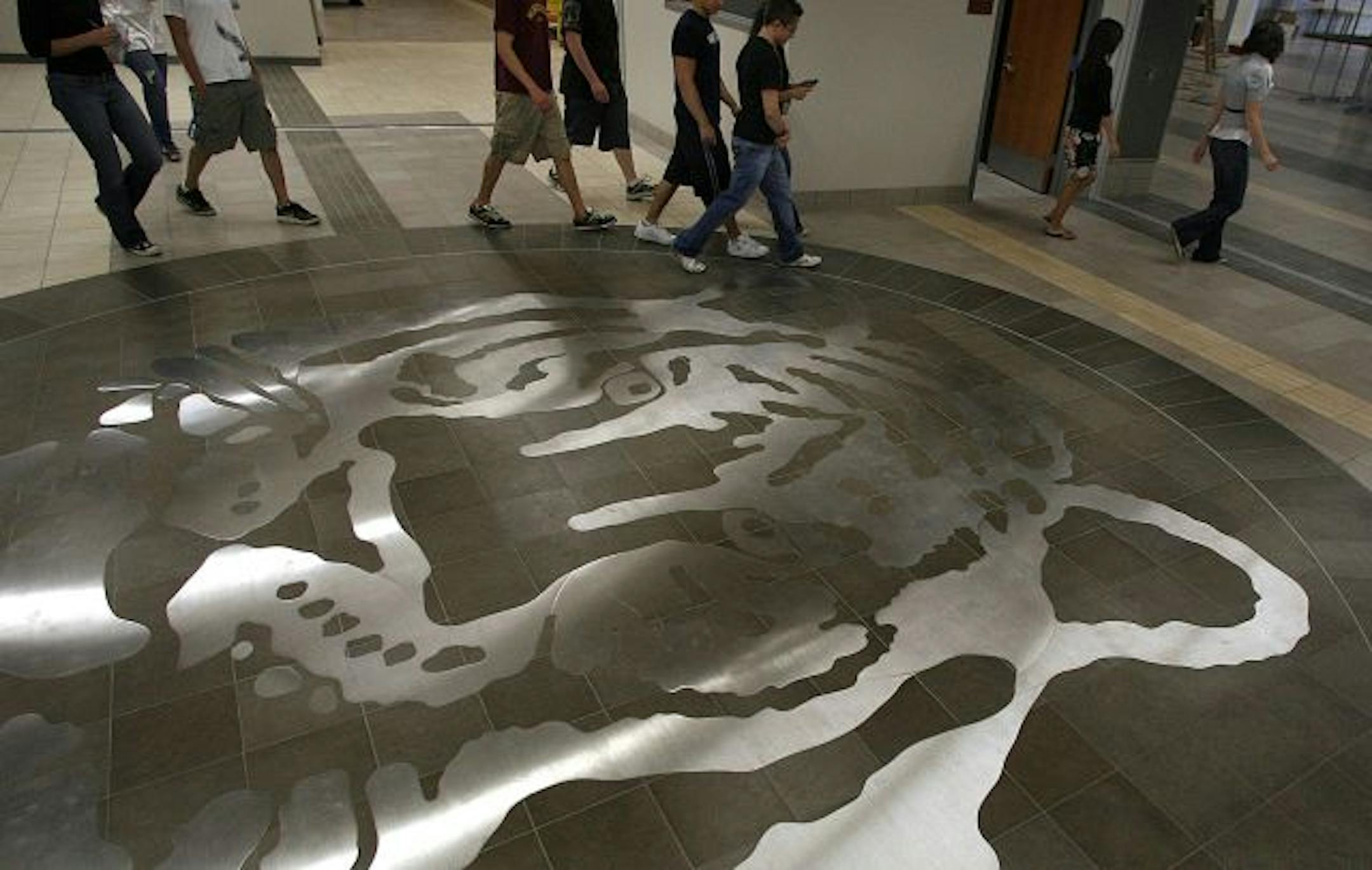 The face of a tiger, the school's team name, is inlayed in a floor inside newly constructed, three-story Farmington High School that will be home to about 2,000 students this fall.