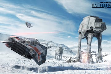 Rebel snowspeeders take on imperial AT-AT walkers on the ice planet Hoth in "Star Wars: Battlefront."