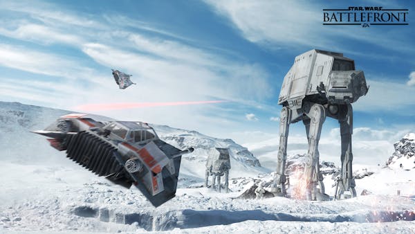 Rebel snowspeeders take on imperial AT-AT walkers on the ice planet Hoth in "Star Wars: Battlefront."