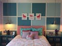3 Graphic teal and pink bedroom for a horse lover, Parade home #231 in Medina by Toll Brothers.