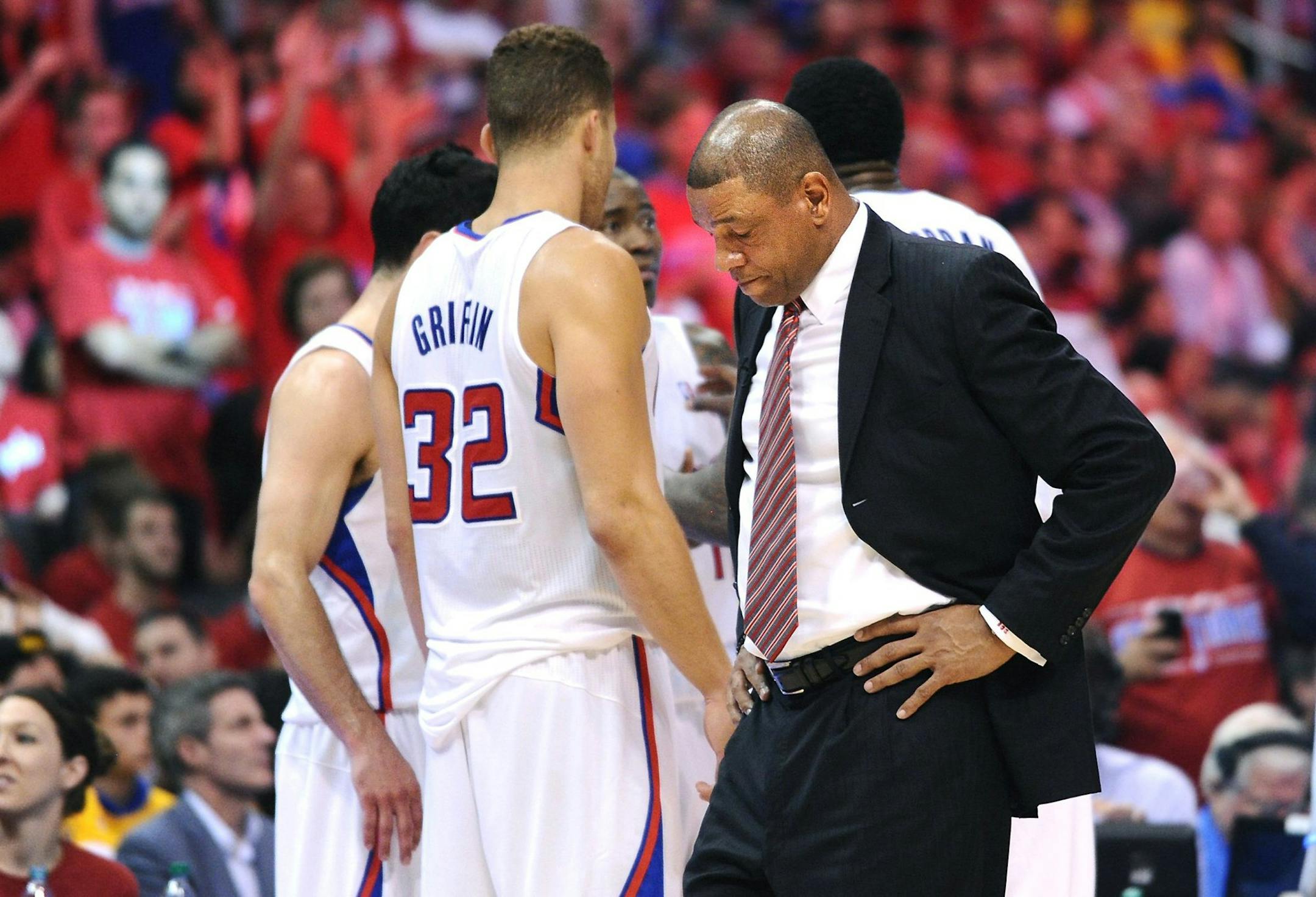 Los Angeles Clippers head coach Doc Rivers walks away from his players as his team trails the Golden State Warriors by 10 points late in the second quarter in Game 7 of a Western Conference quarterfinal at Staples Center in Los Angeles on Saturday, May 3, 2014. (Wally Skalij/Los Angeles Times/MCT)