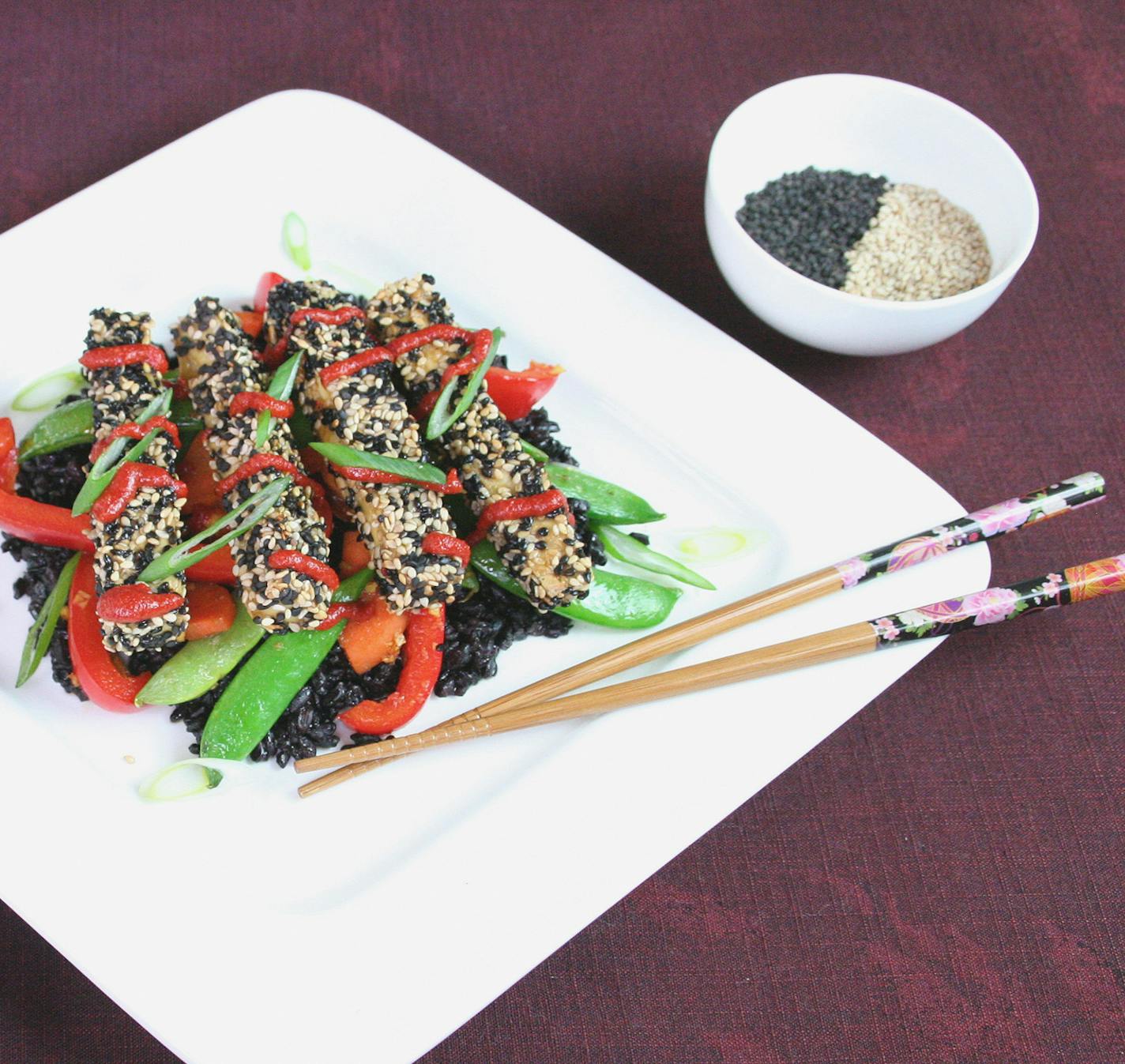 Robin Asbell, Special to the Star Tribune Sesame Crusted Tofu and Vegetables with Honey Sriracha sauce